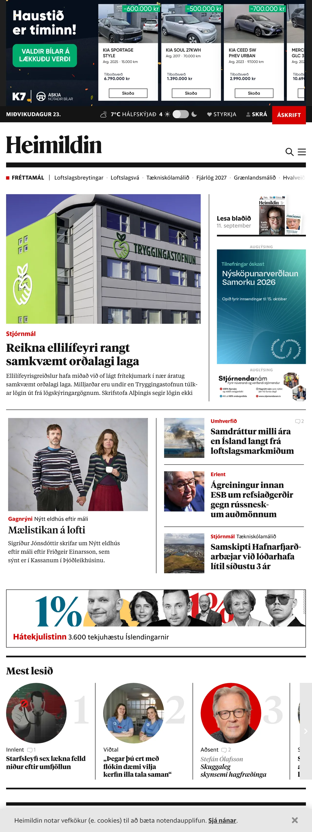Screenshot of the Heimildin front page
