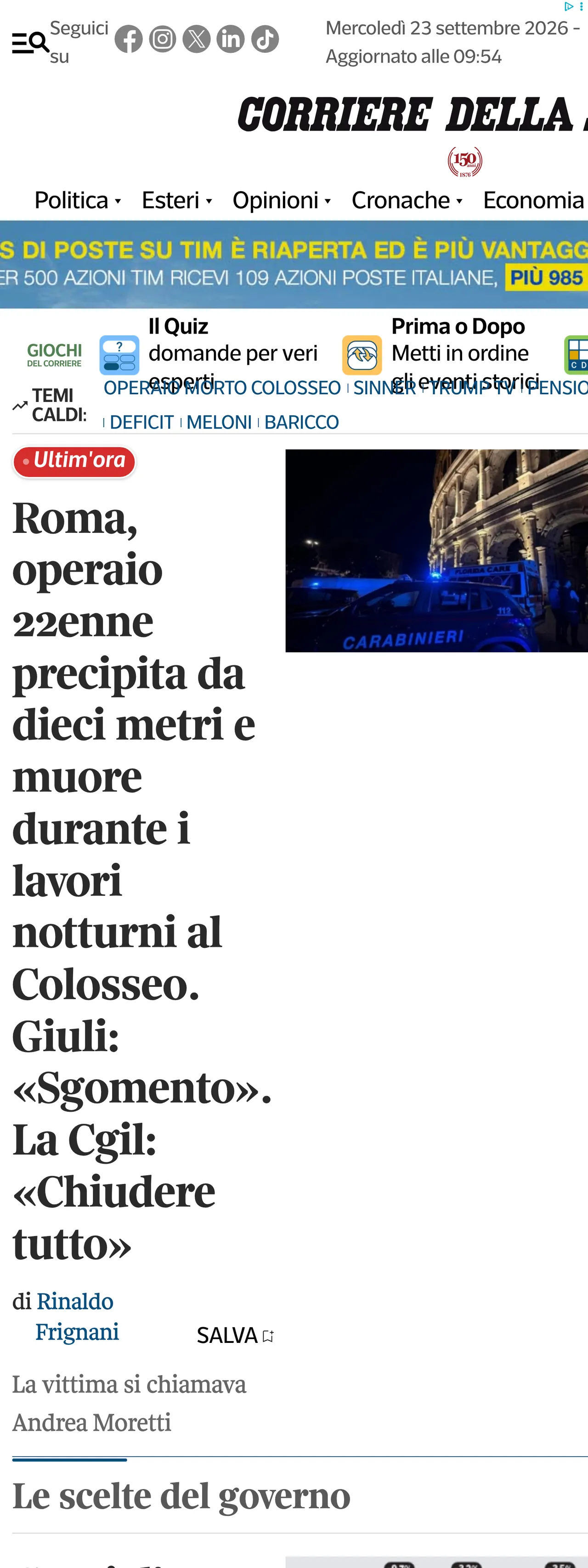Screenshot of the Corriere della Sera front page