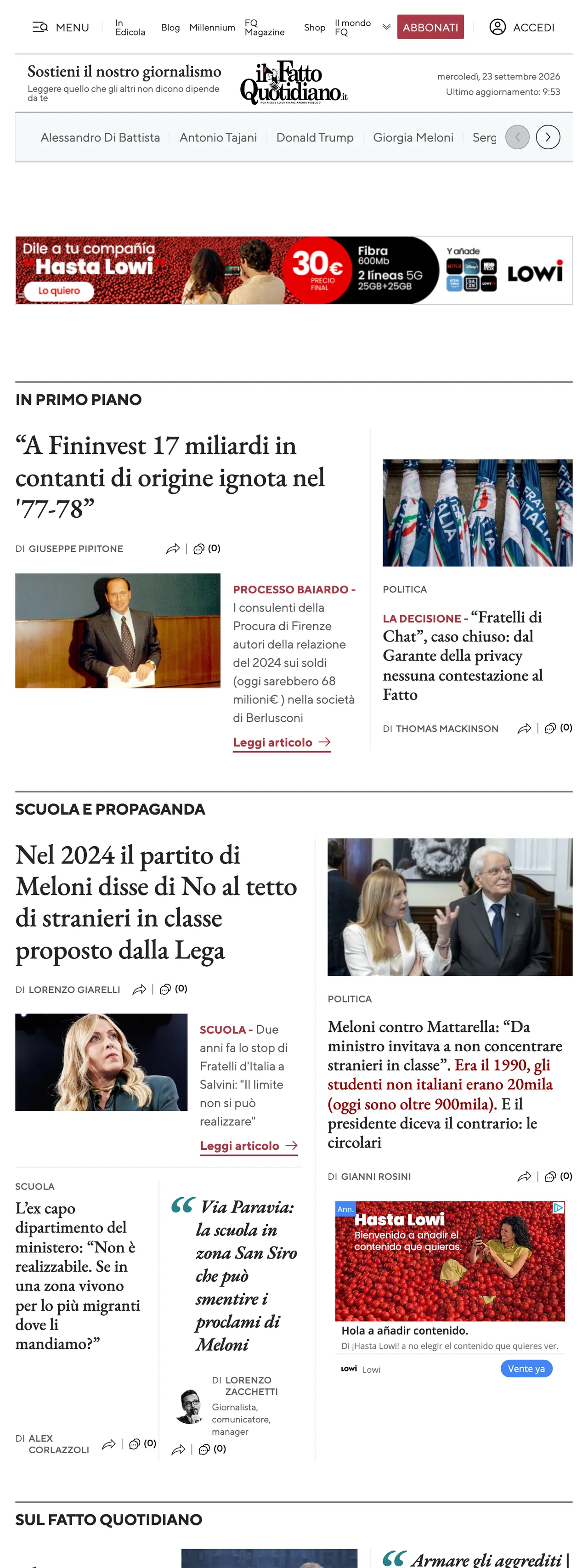Screenshot of the Il Fatto Quotidiano front page
