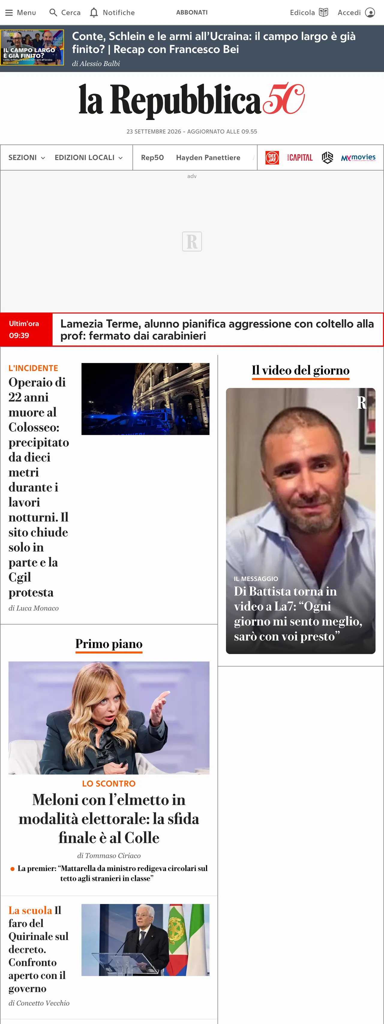 Screenshot of the la Repubblica front page
