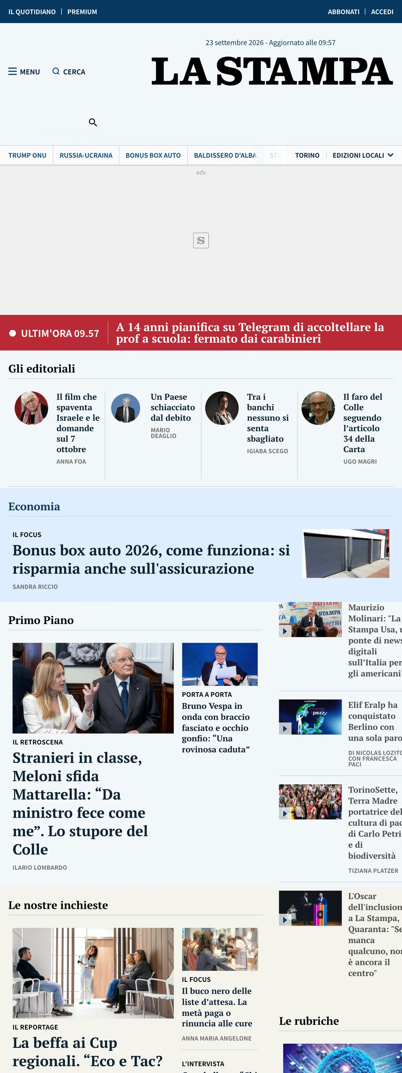 Screenshot of the La Stampa front page