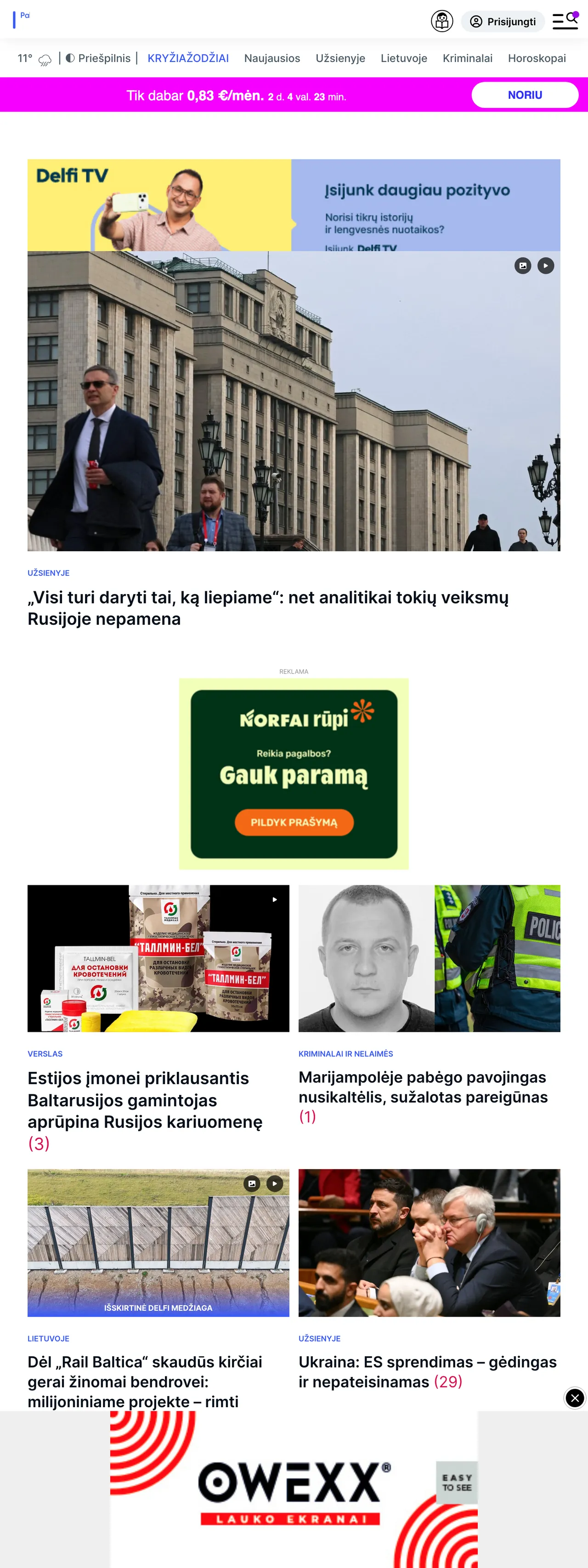 Screenshot of the Delfi front page