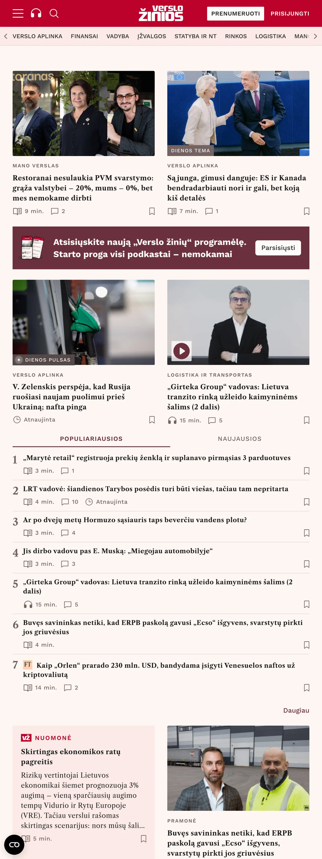 Screenshot of the Verslo žinios front page