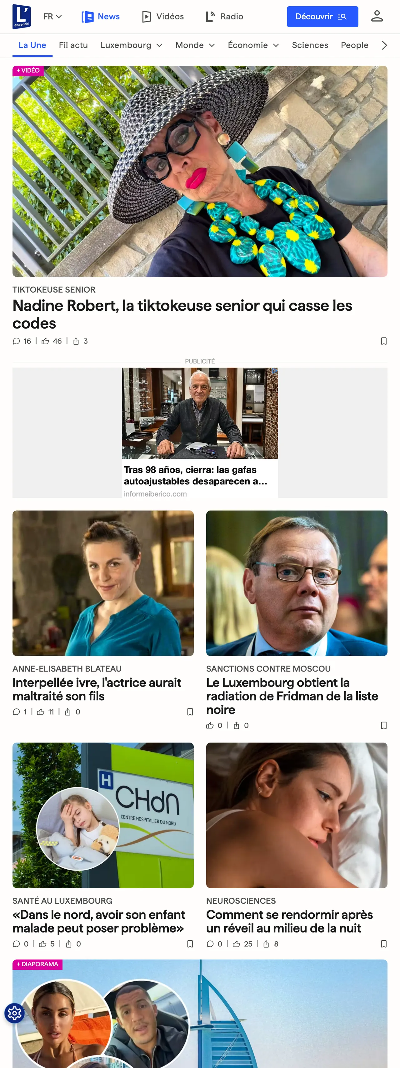 Screenshot of the L'essentiel front page
