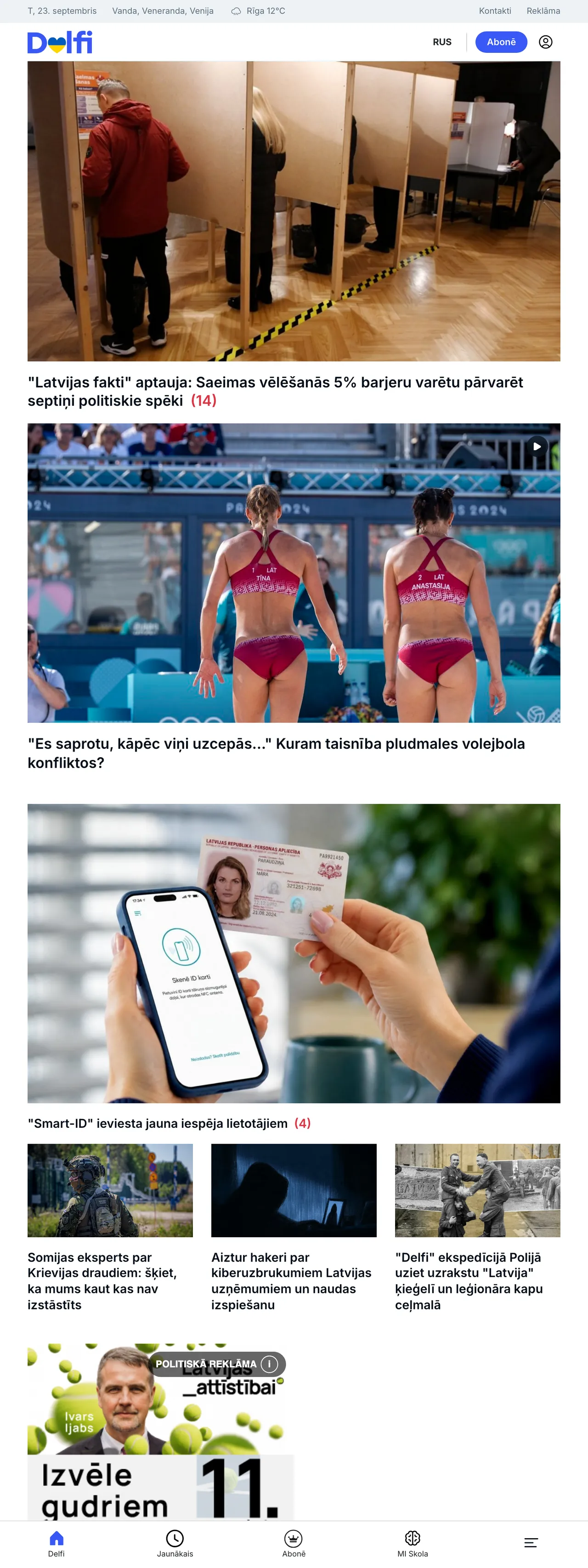 Screenshot of the Delfi front page