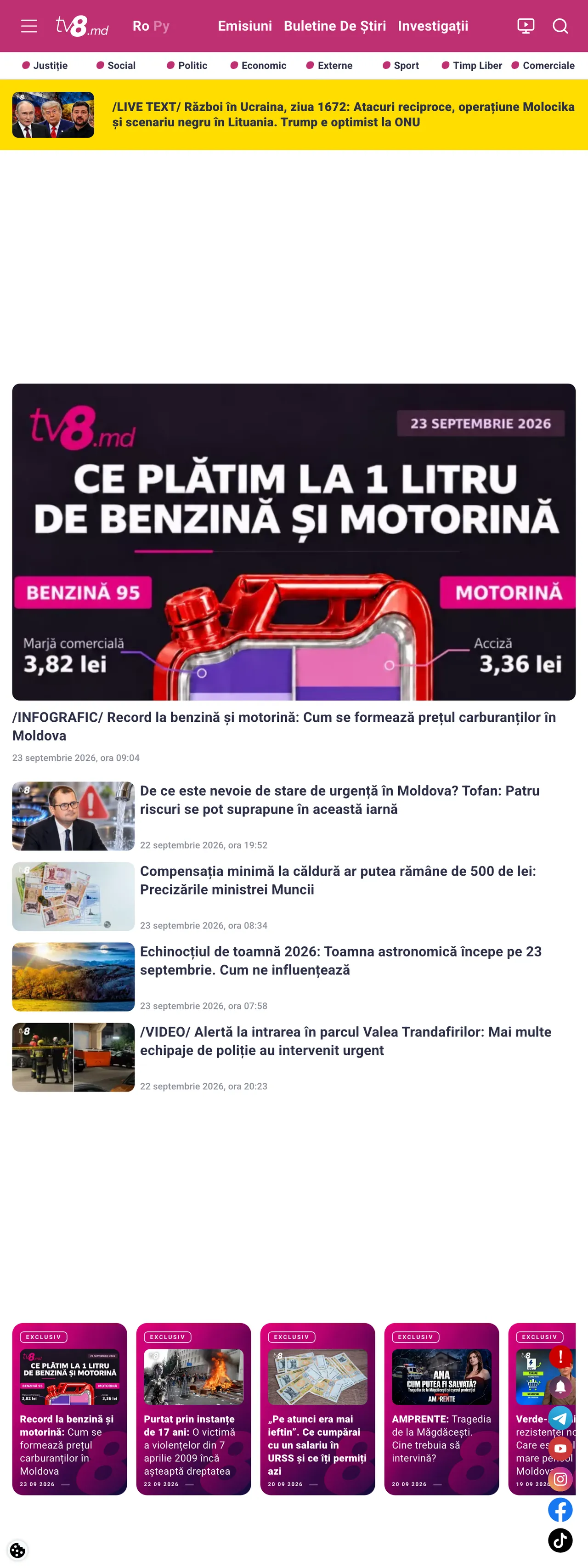 Screenshot of the TV8 front page