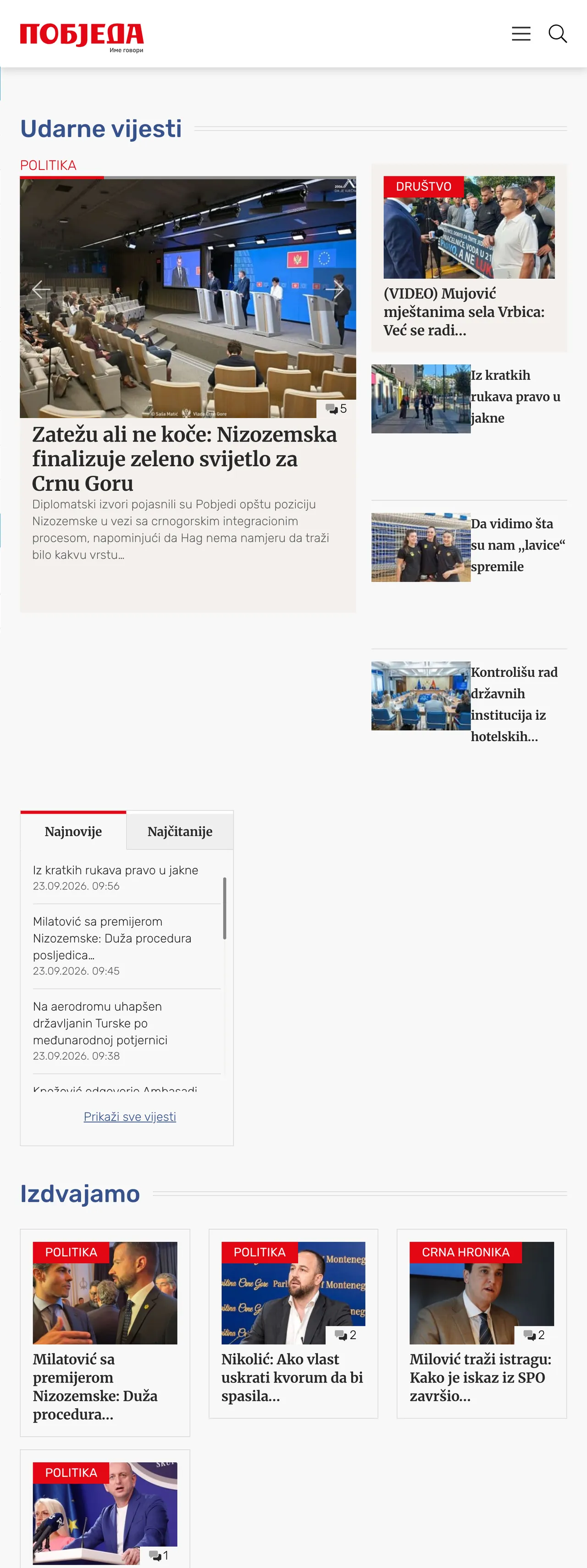 Screenshot of the Pobjeda front page