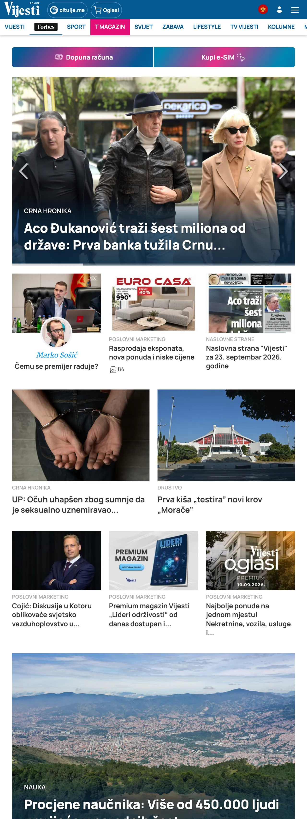 Screenshot of the Vijesti front page