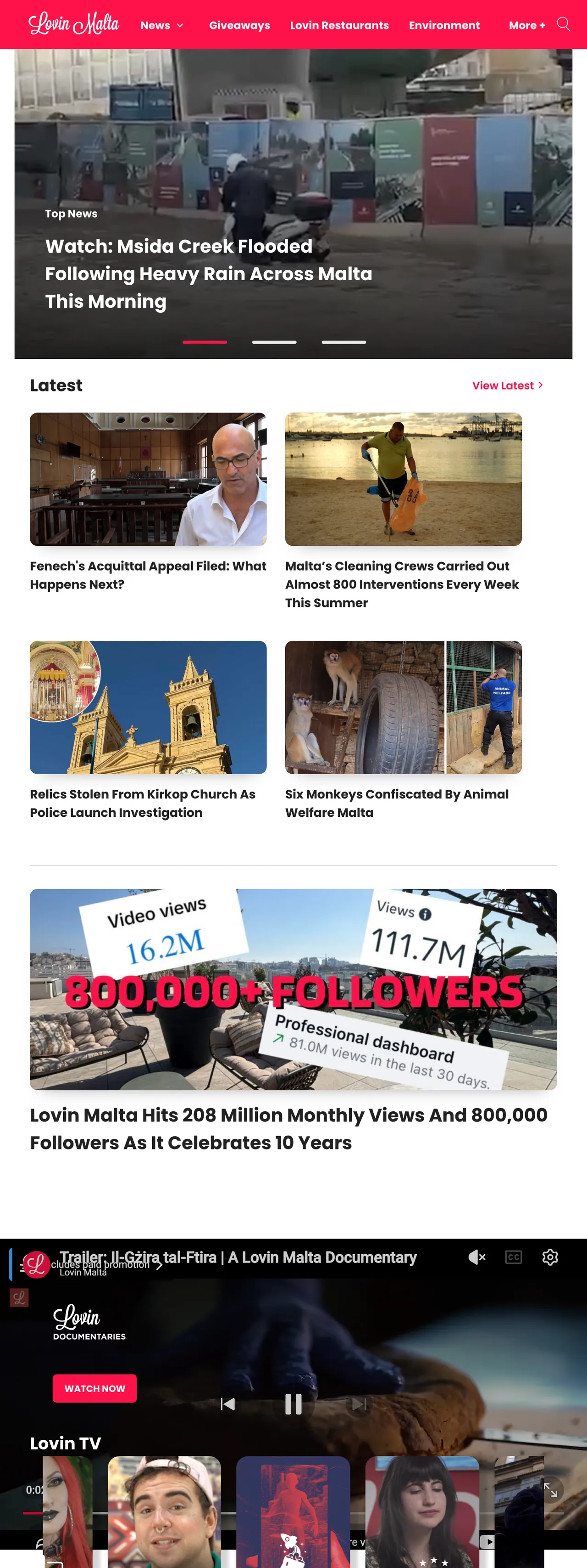 Screenshot of the Lovin Malta front page