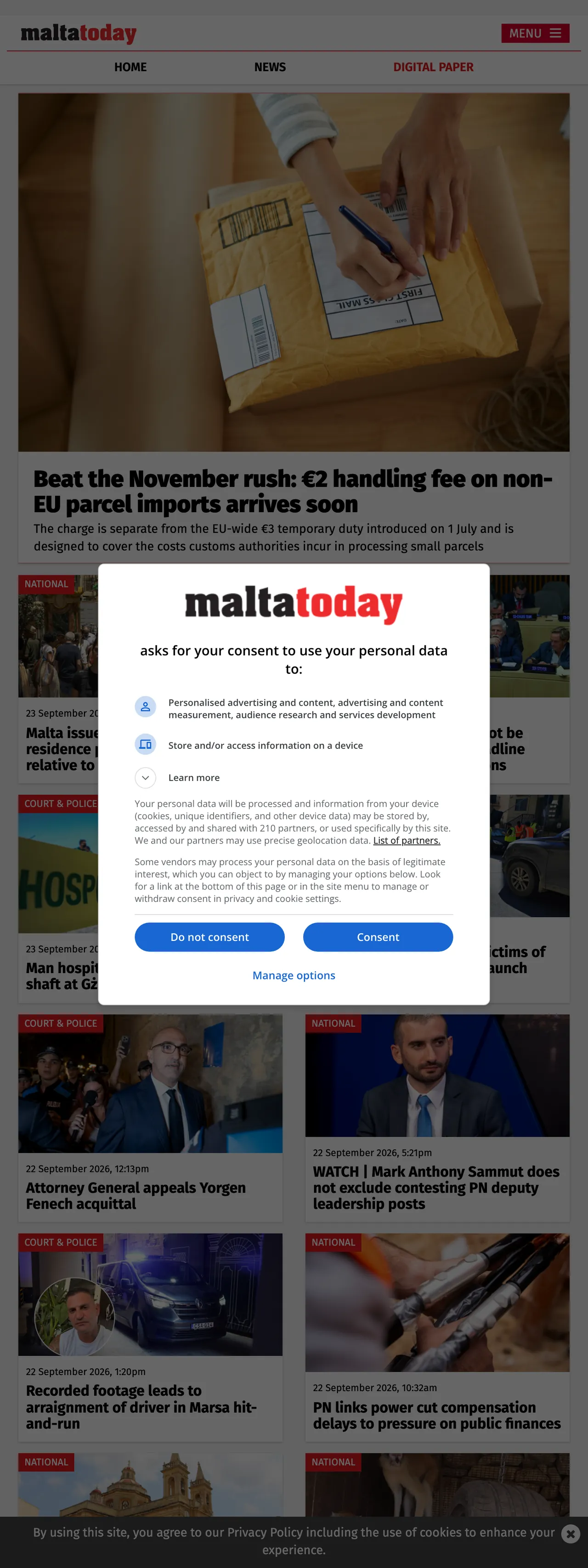Screenshot of the Malta Today front page