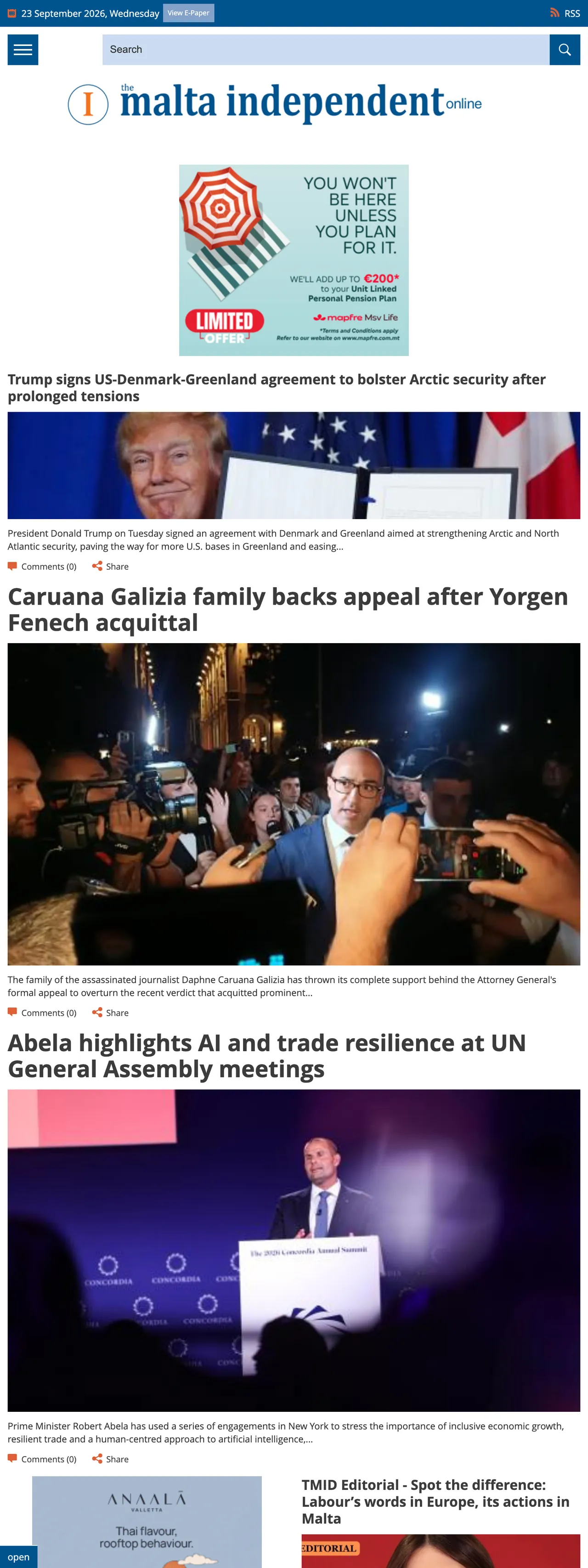 Screenshot of the The Malta Independent front page