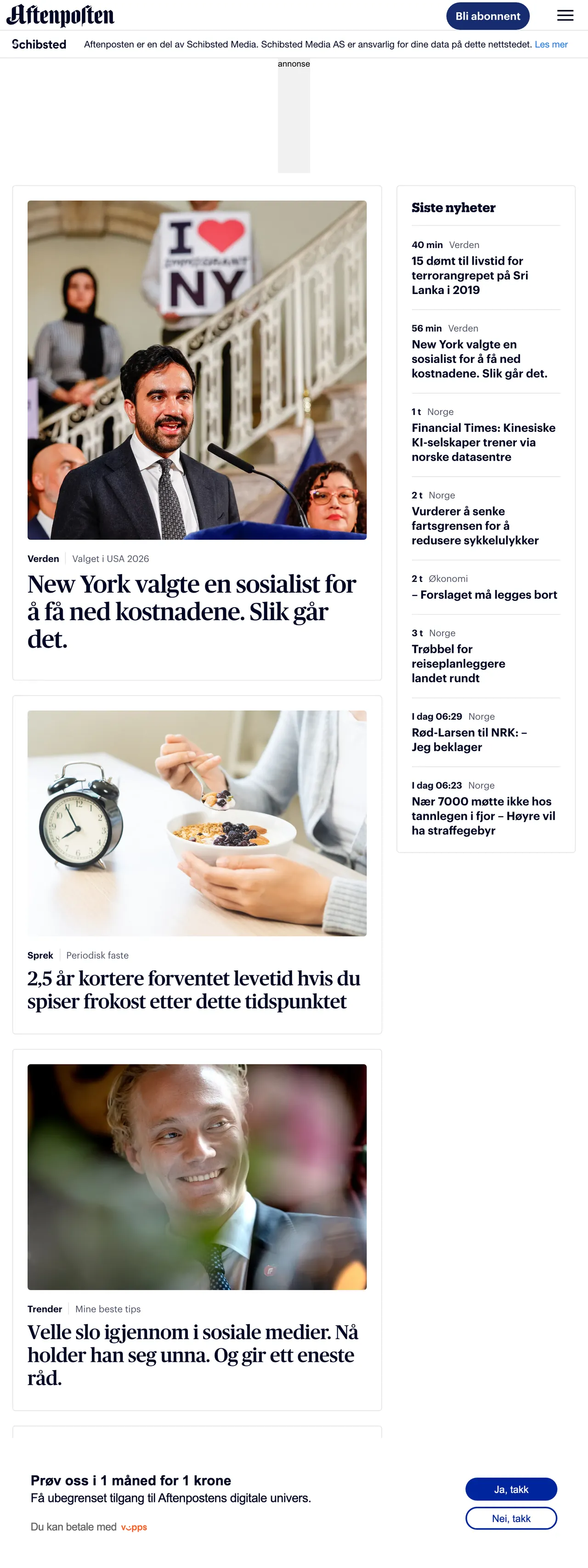 Screenshot of the Aftenposten front page