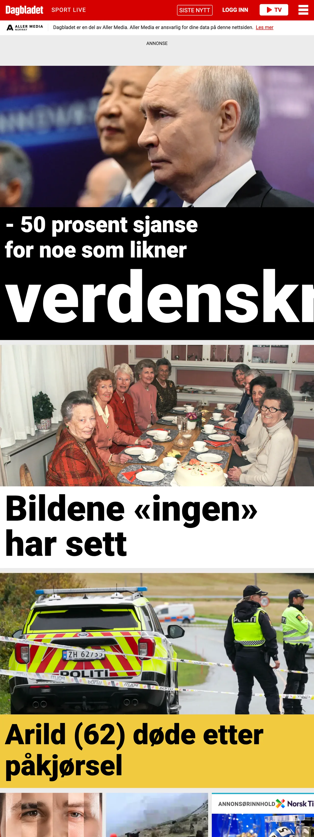 Screenshot of the Dagbladet front page