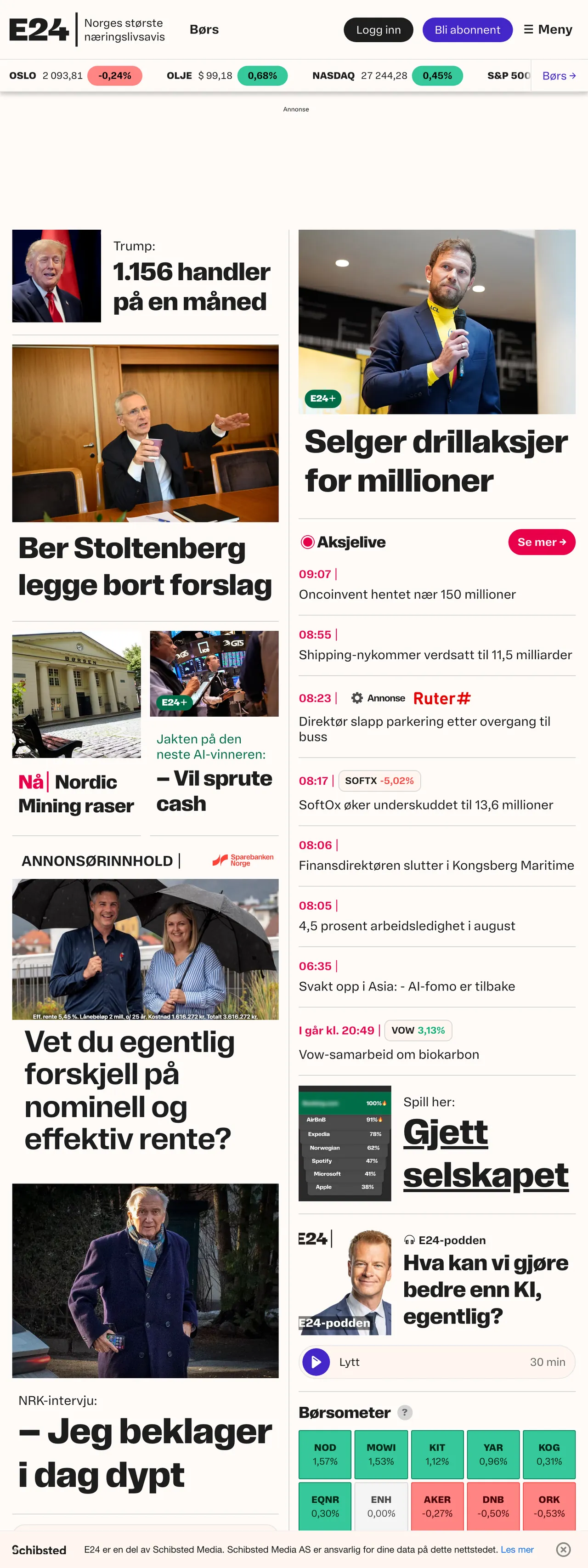 Screenshot of the E24 front page