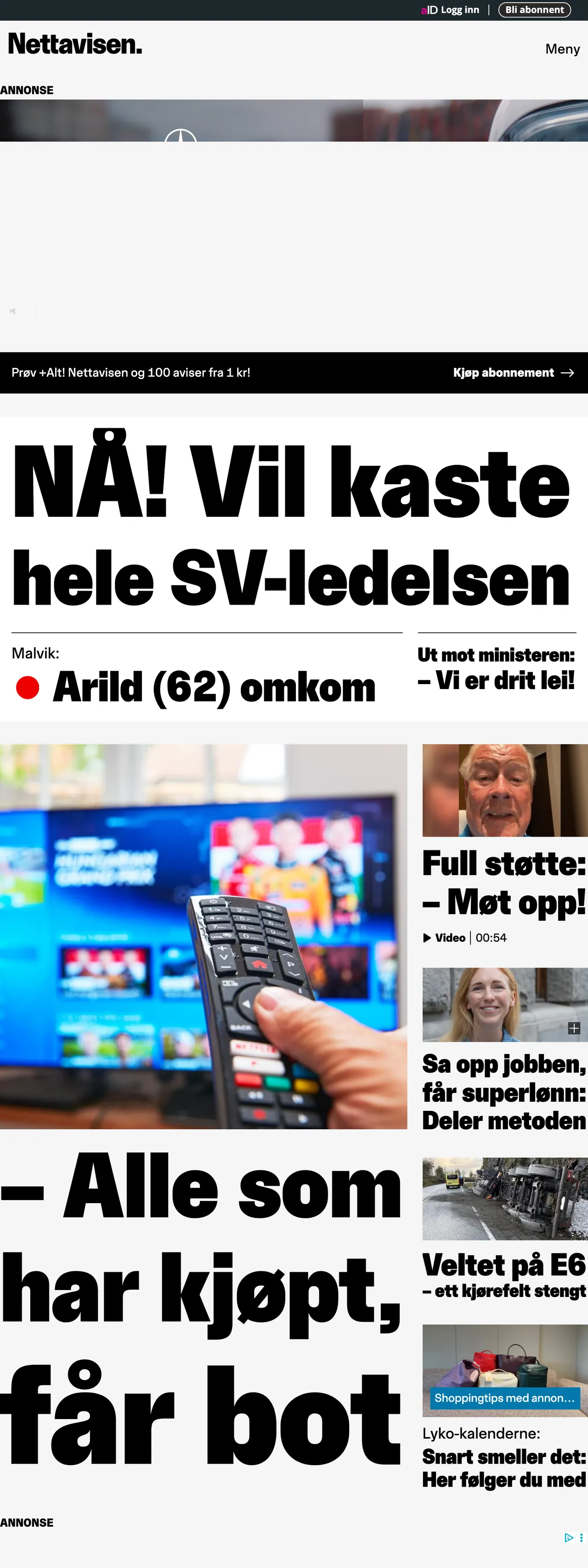 Screenshot of the Nettavisen front page