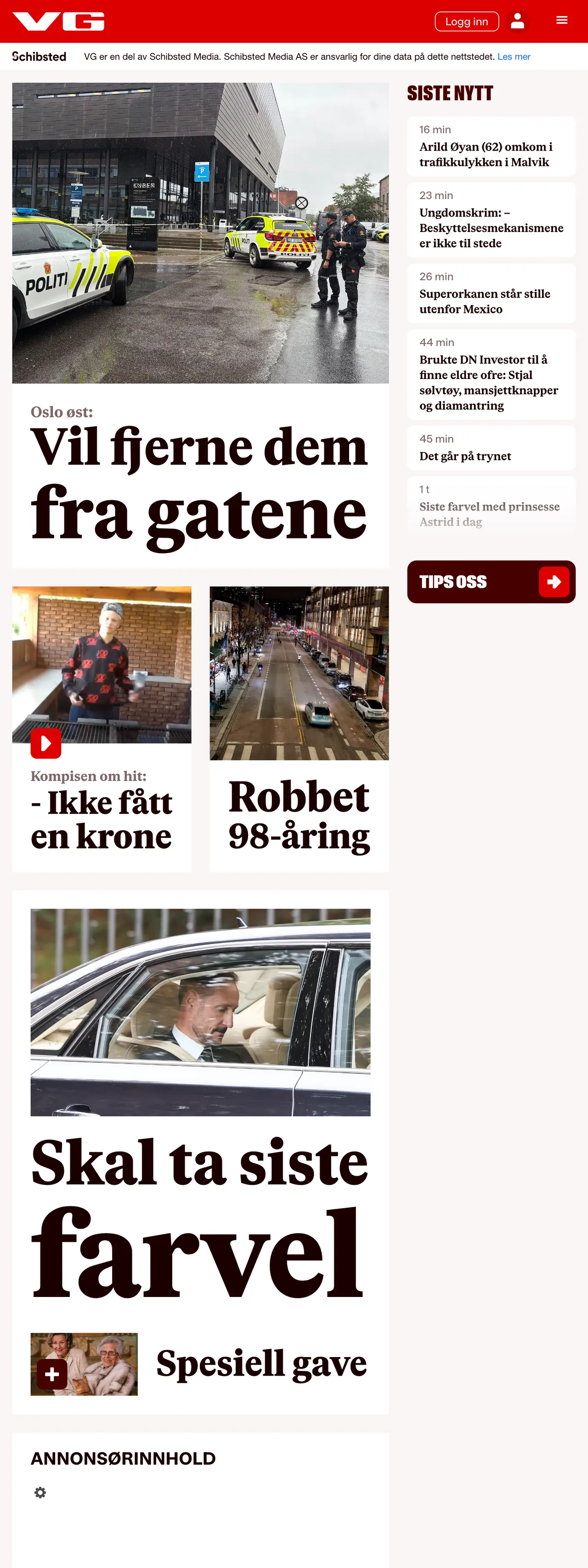 Screenshot of the VG front page