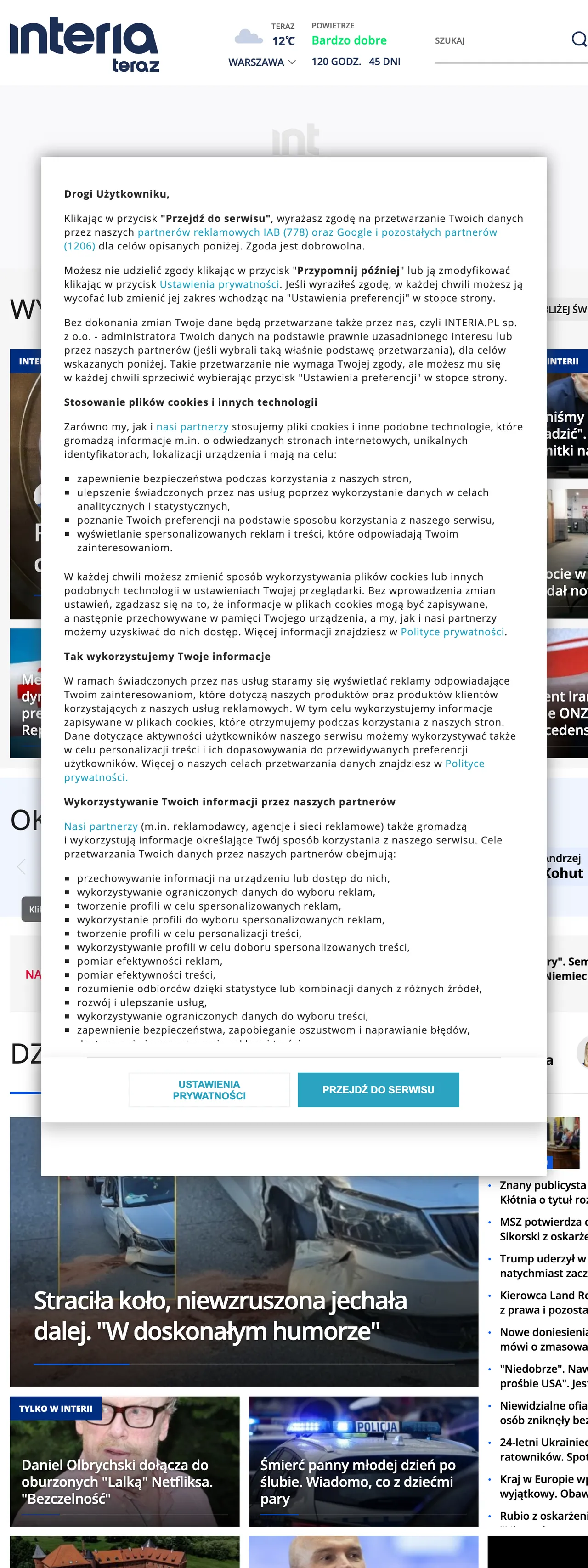 Screenshot of the Interia front page