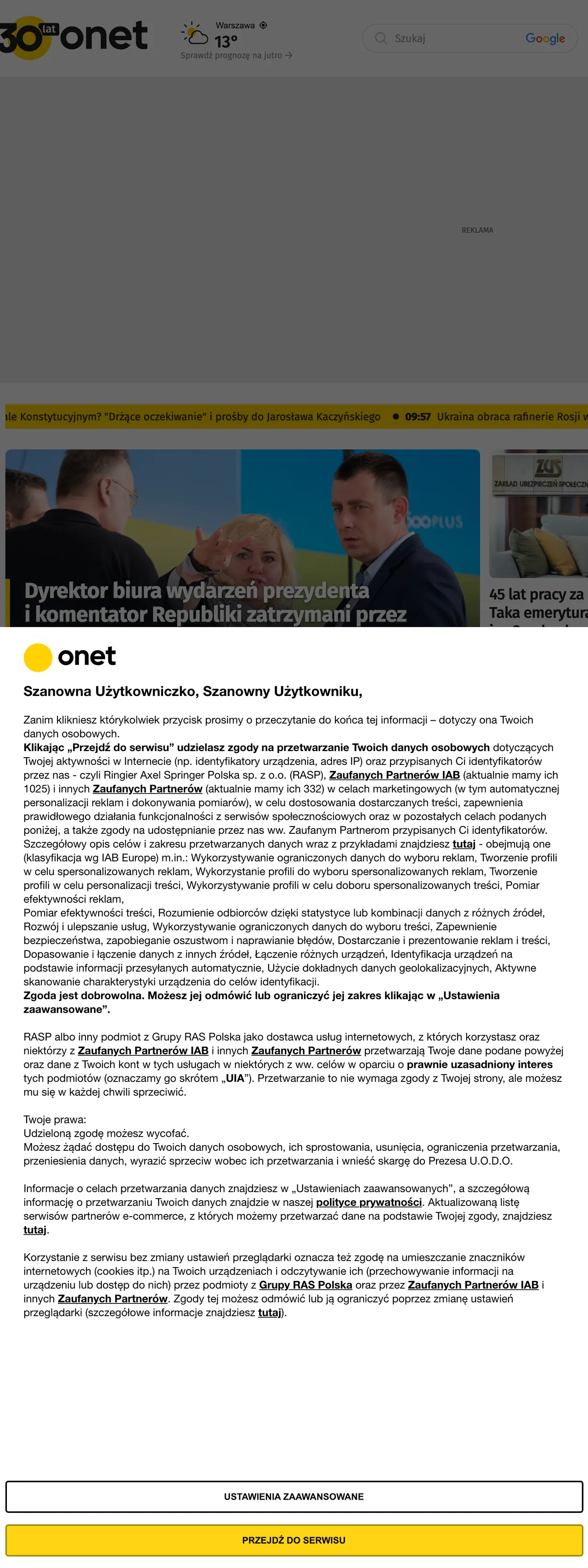 Screenshot of the Onet front page