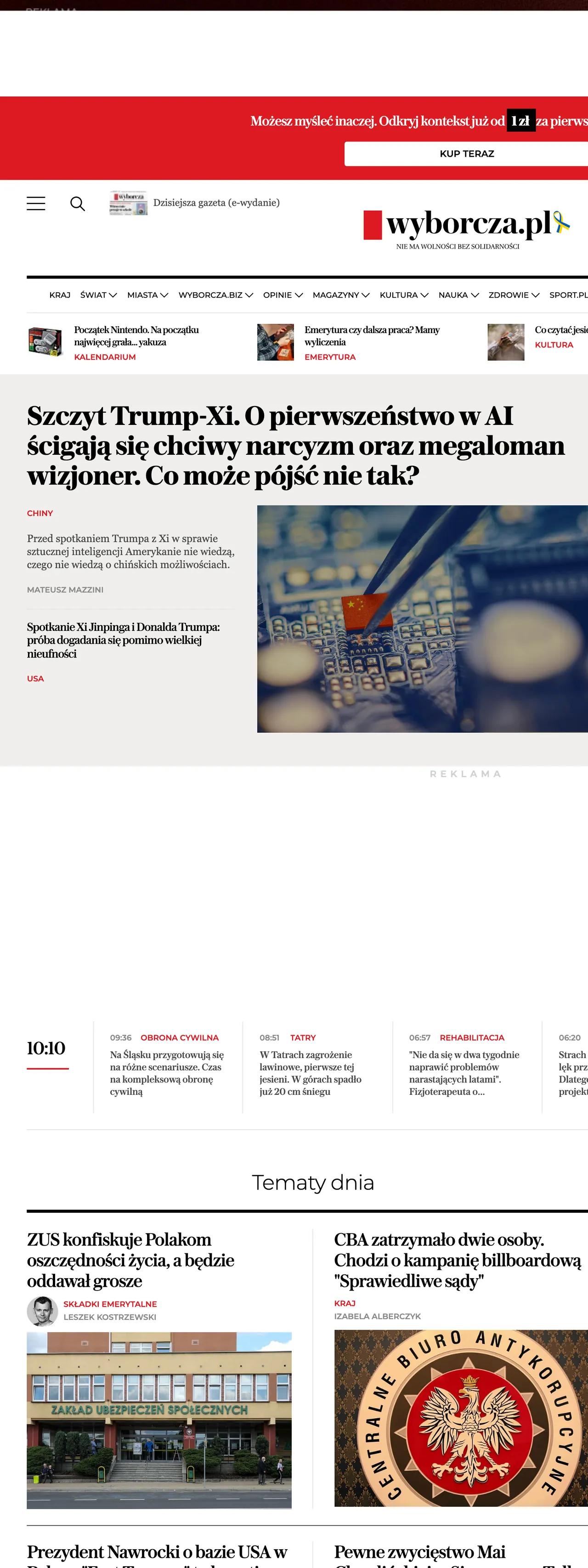 Screenshot of the Wyborcza front page