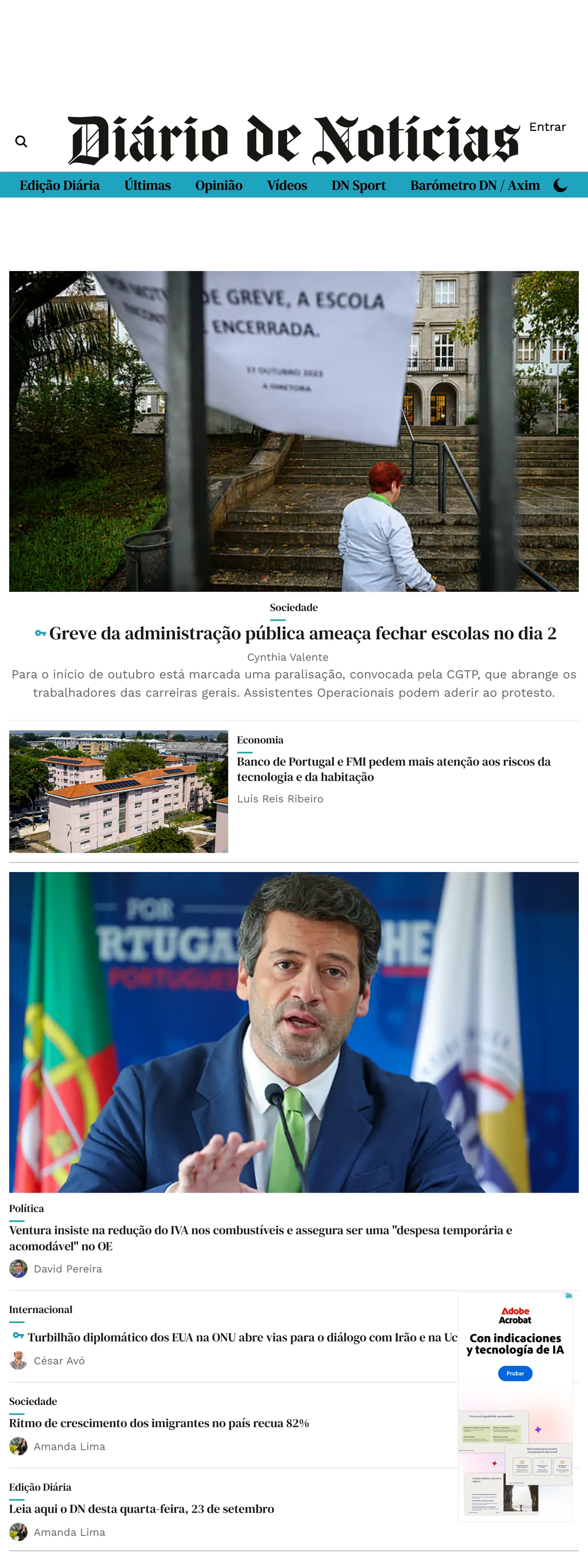 Screenshot of the Diário de Notícias front page