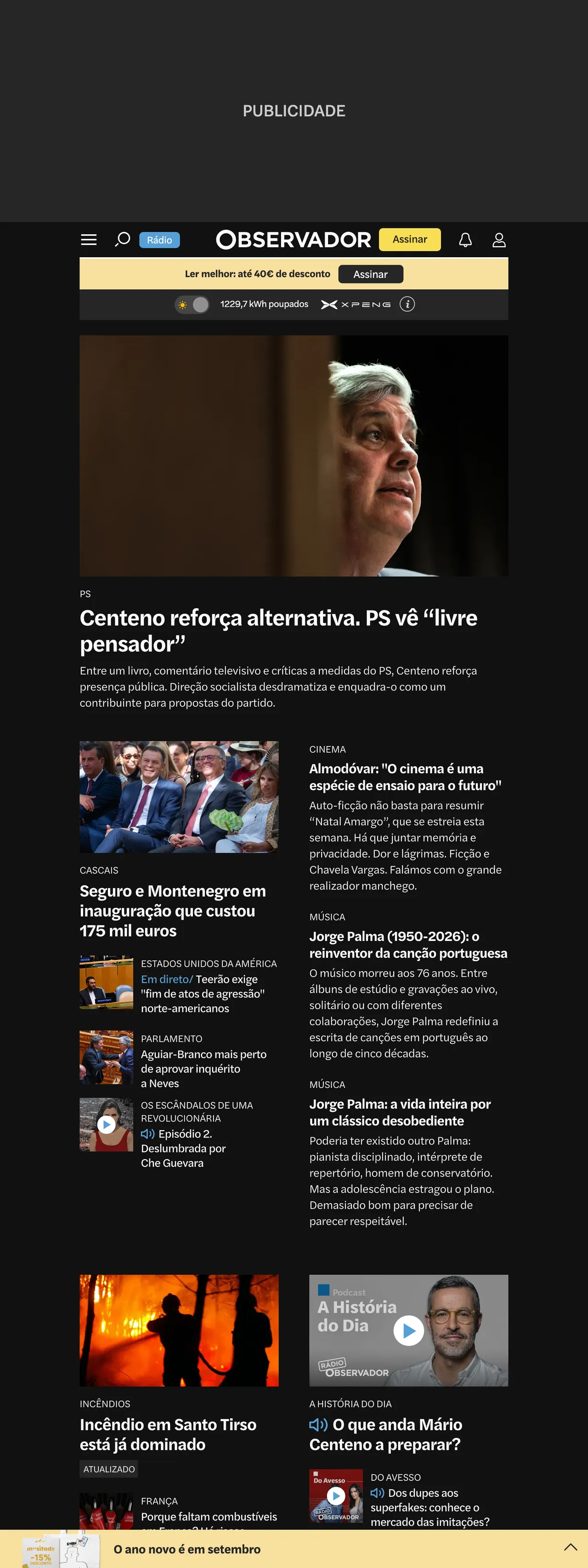 Screenshot of the Observador front page