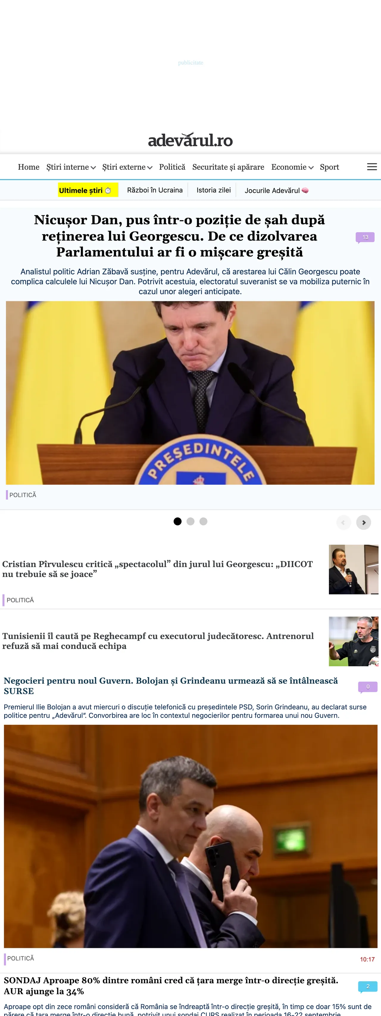 Screenshot of the Adevărul front page