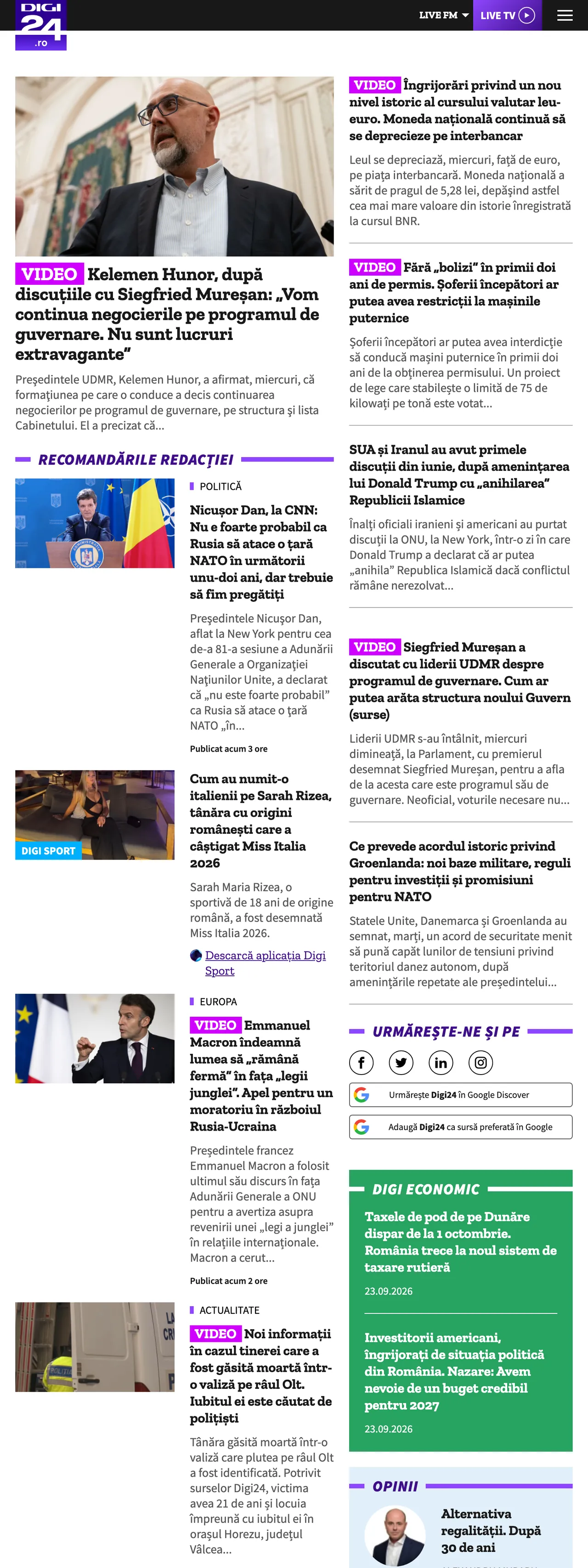 Screenshot of the Digi24 front page