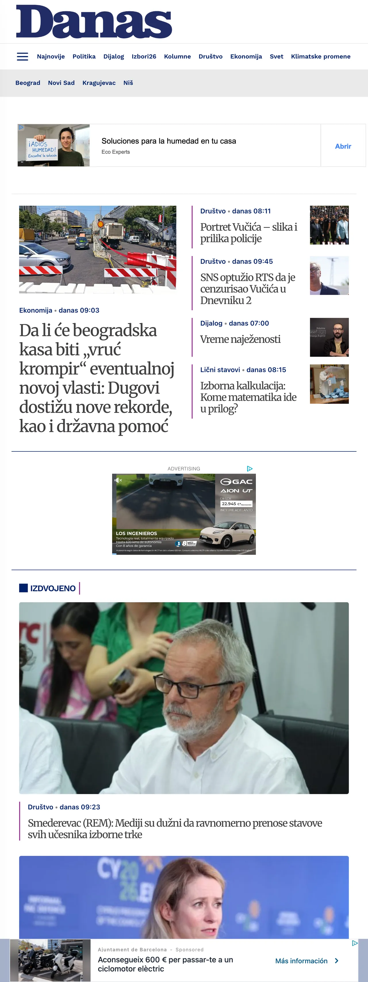 Screenshot of the Danas front page