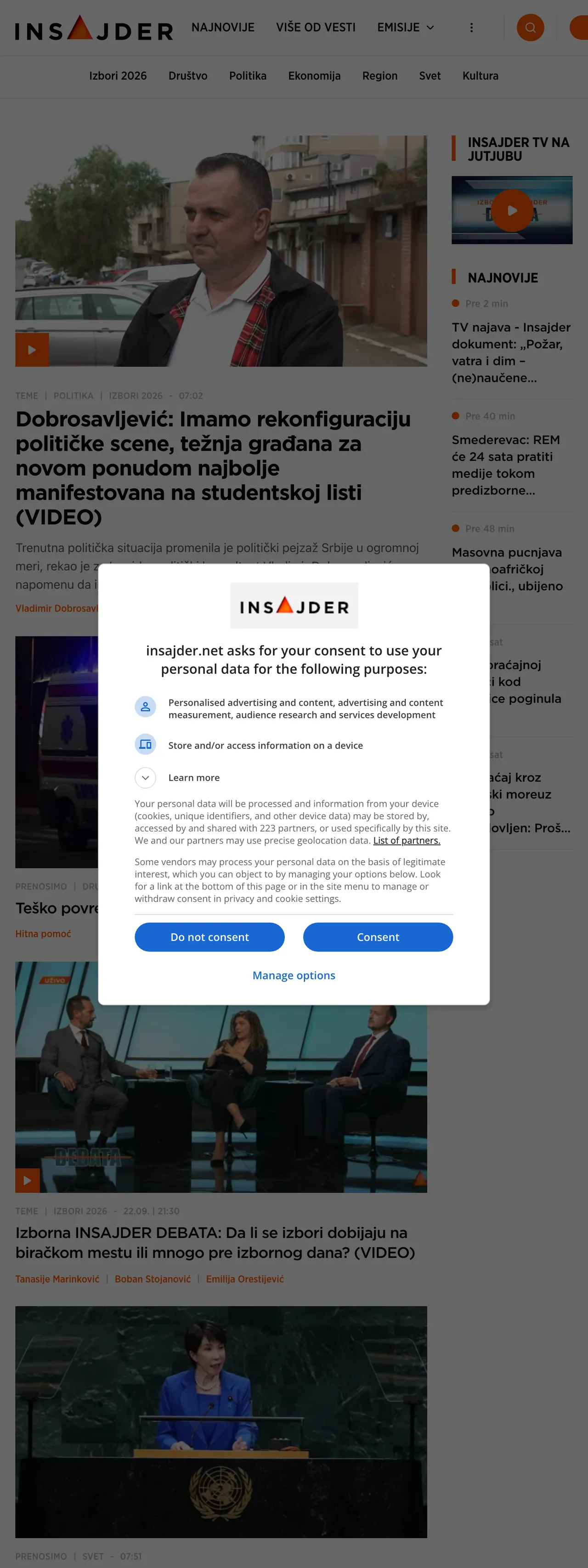 Screenshot of the Insajder front page