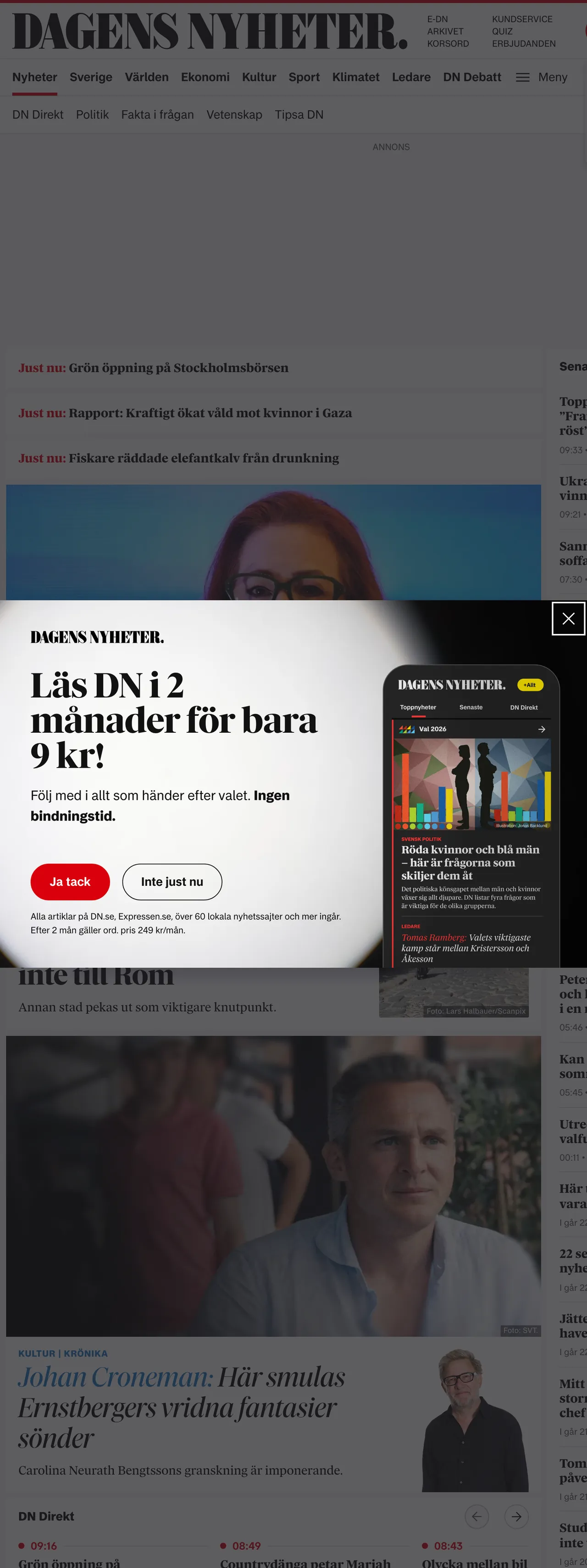 Screenshot of the Dagens Nyheter front page