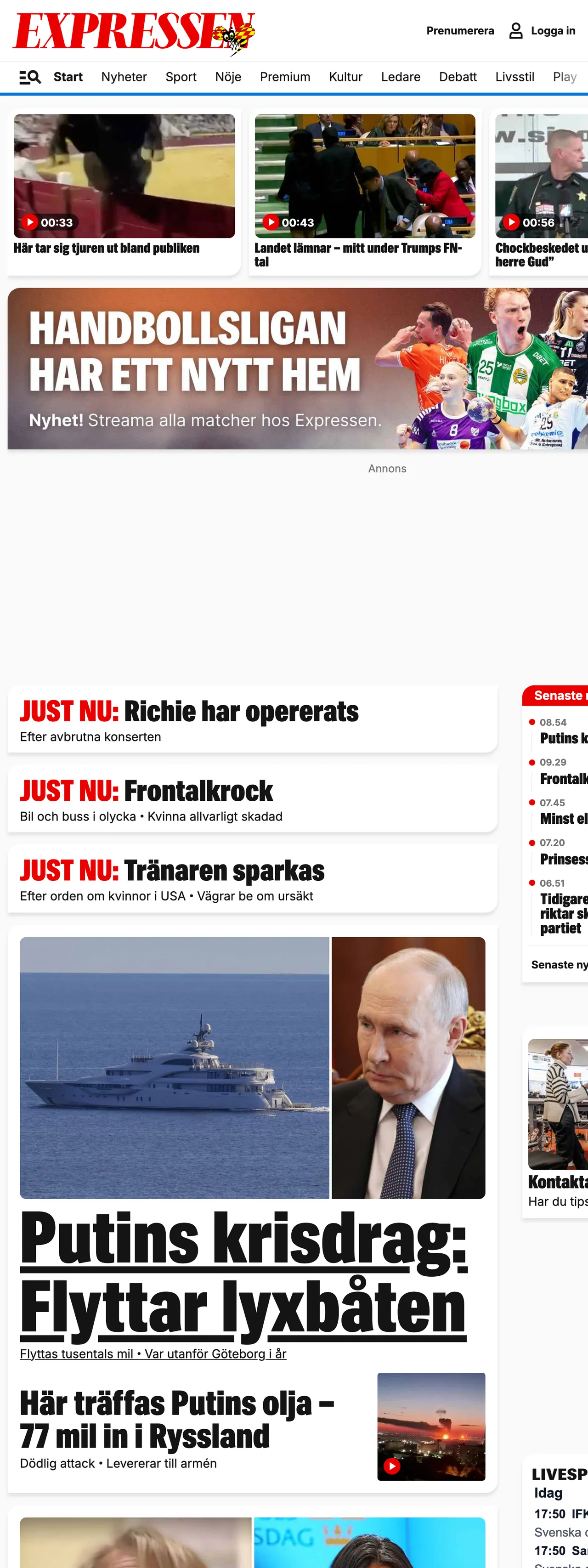 Screenshot of the Expressen front page