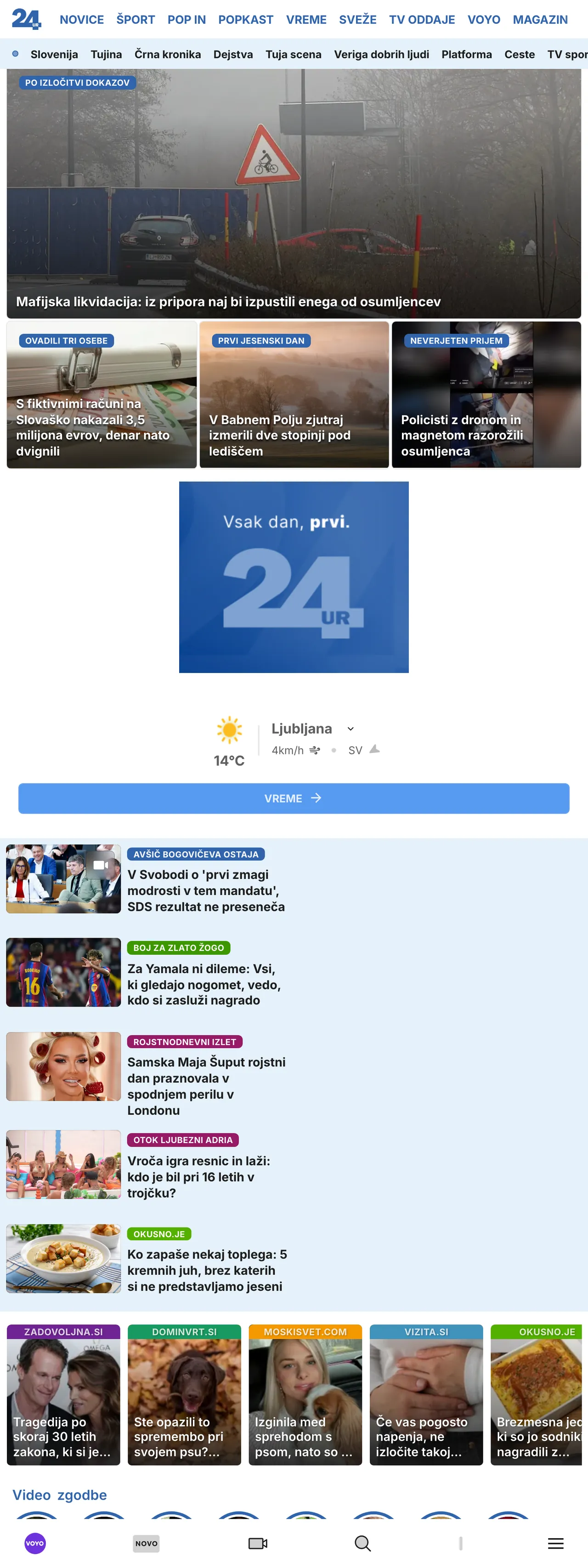 Screenshot of the 24ur front page