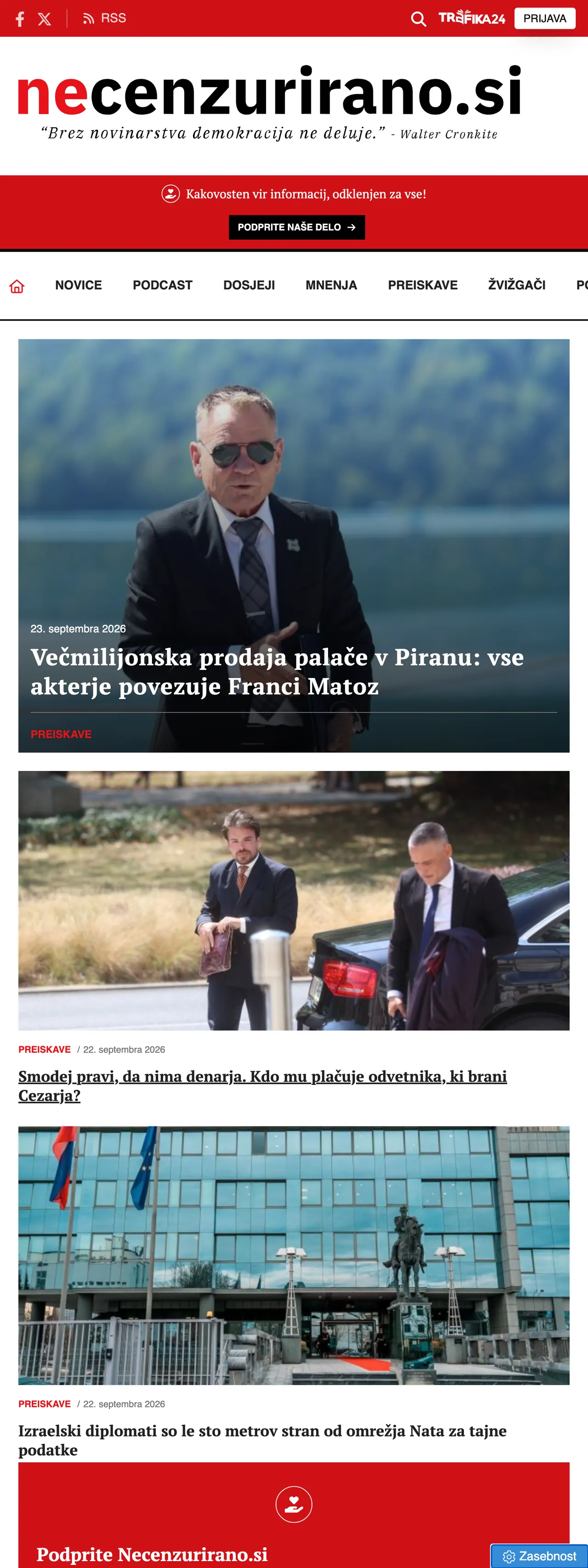 Screenshot of the Necenzurirano front page