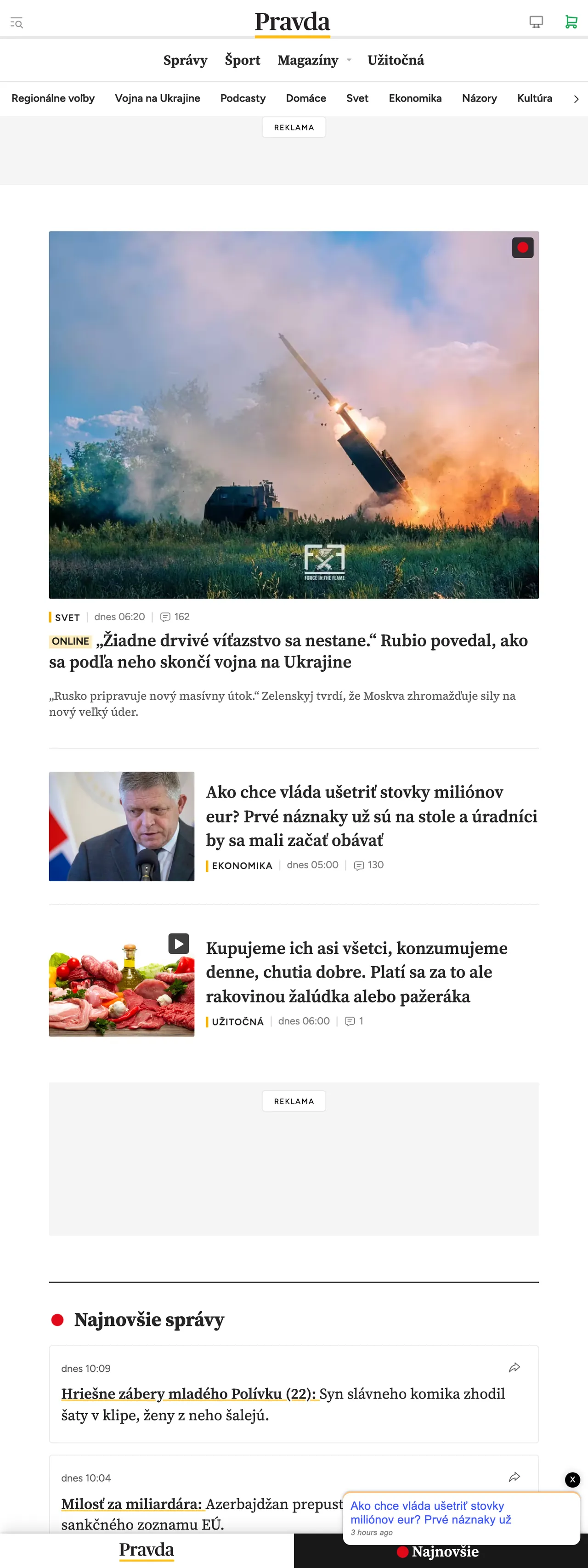 Screenshot of the Pravda front page