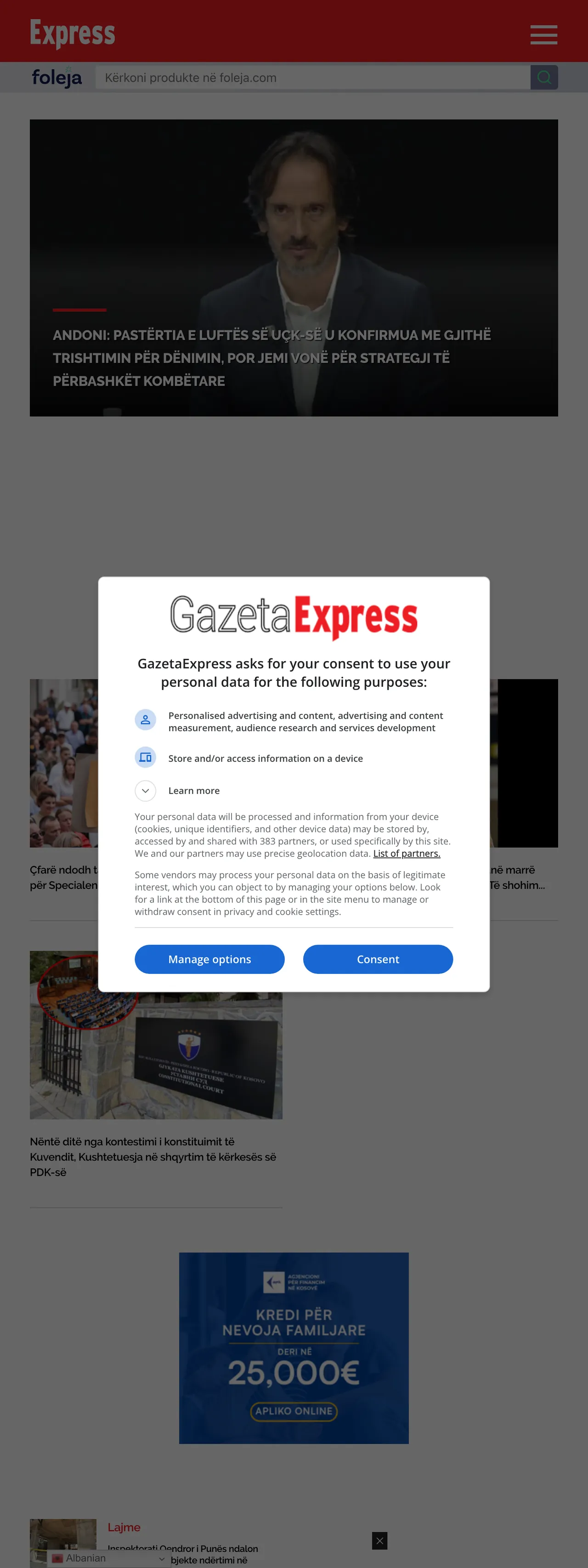 Screenshot of the Gazeta Express front page