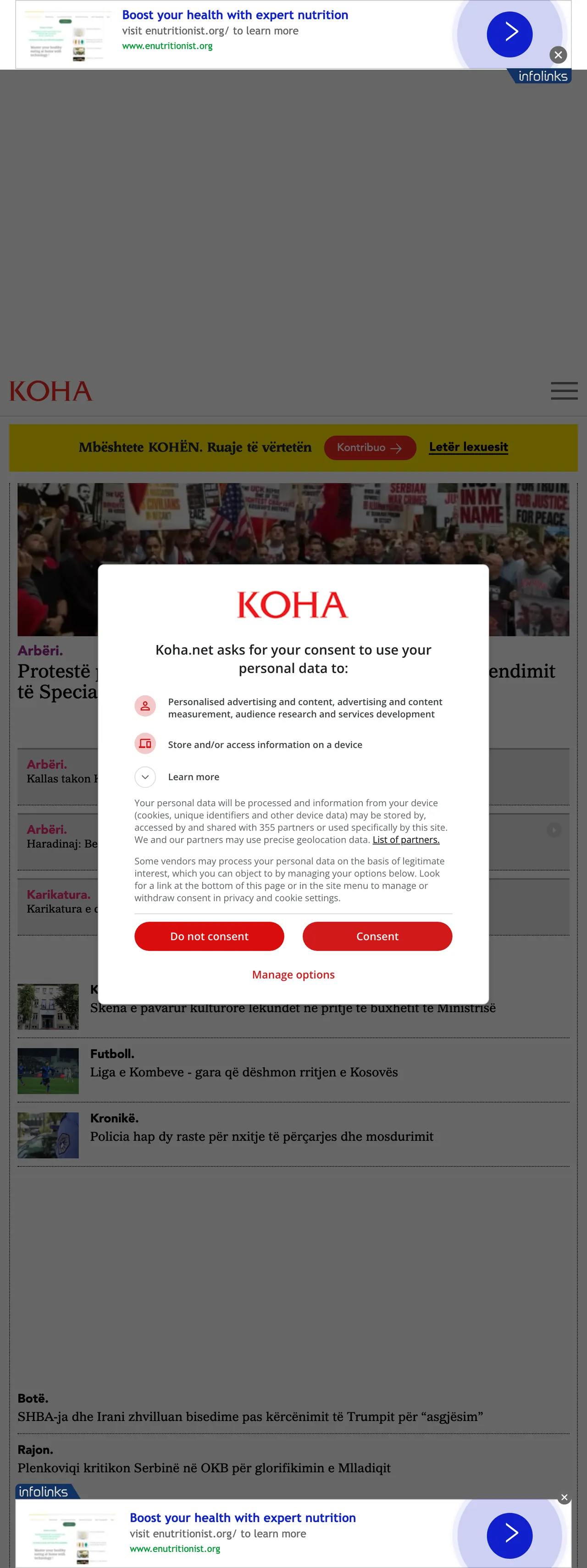 Screenshot of the Koha Ditore front page