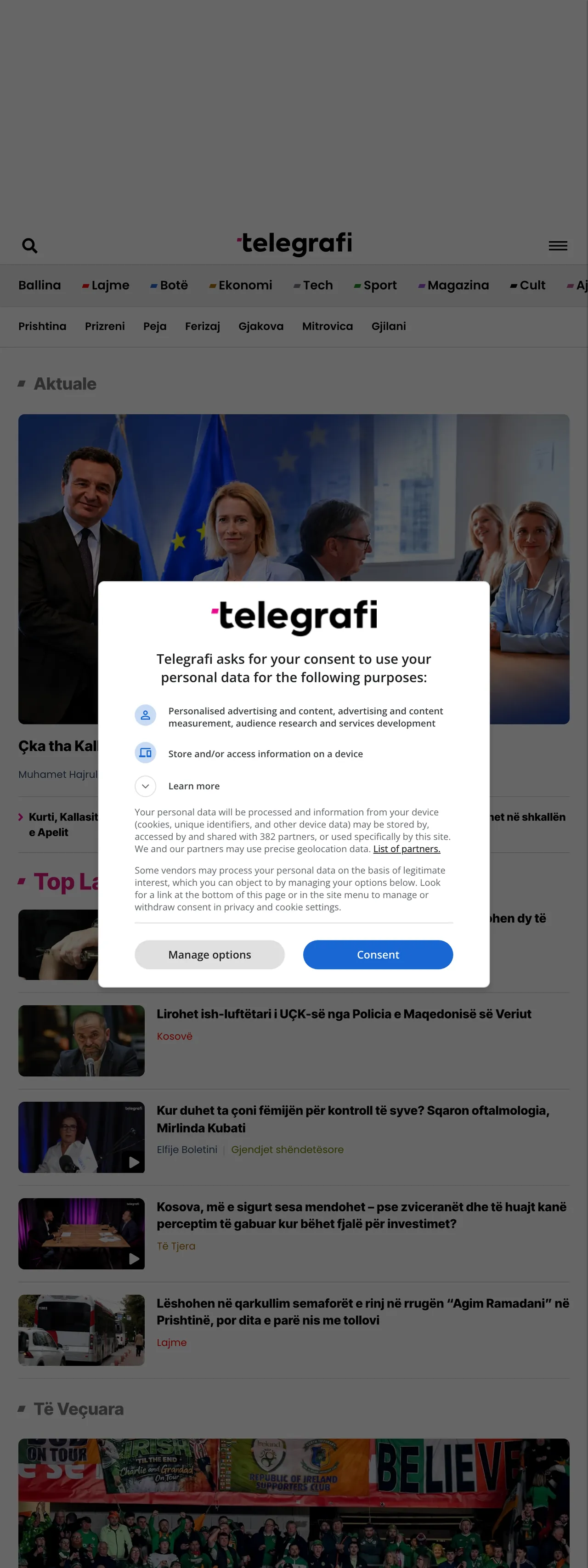 Screenshot of the Telegrafi front page