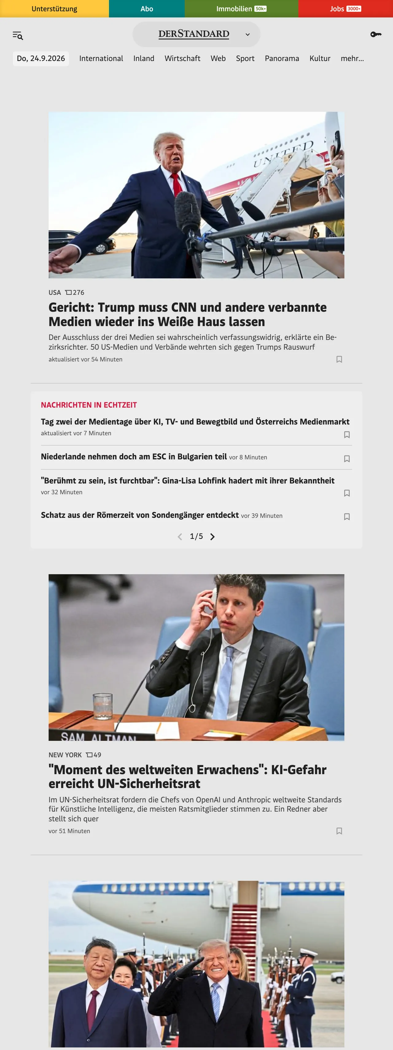Screenshot of the DER STANDARD front page
