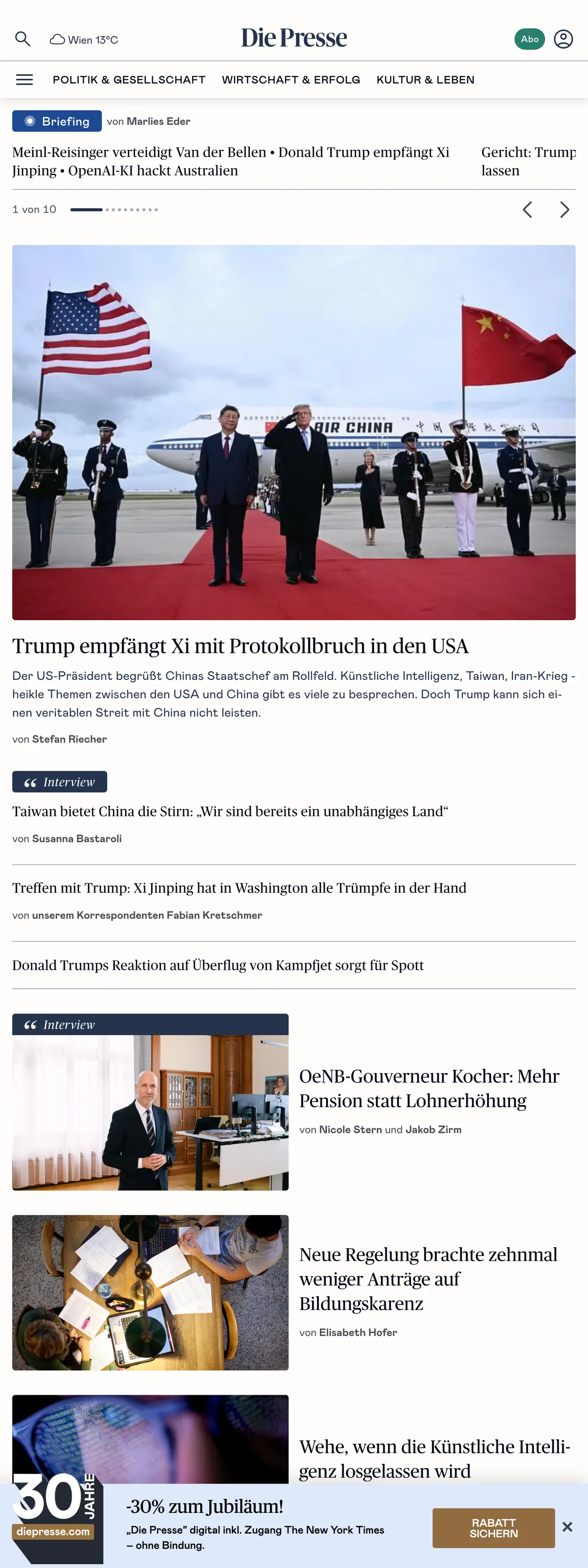 Screenshot of the Die Presse front page