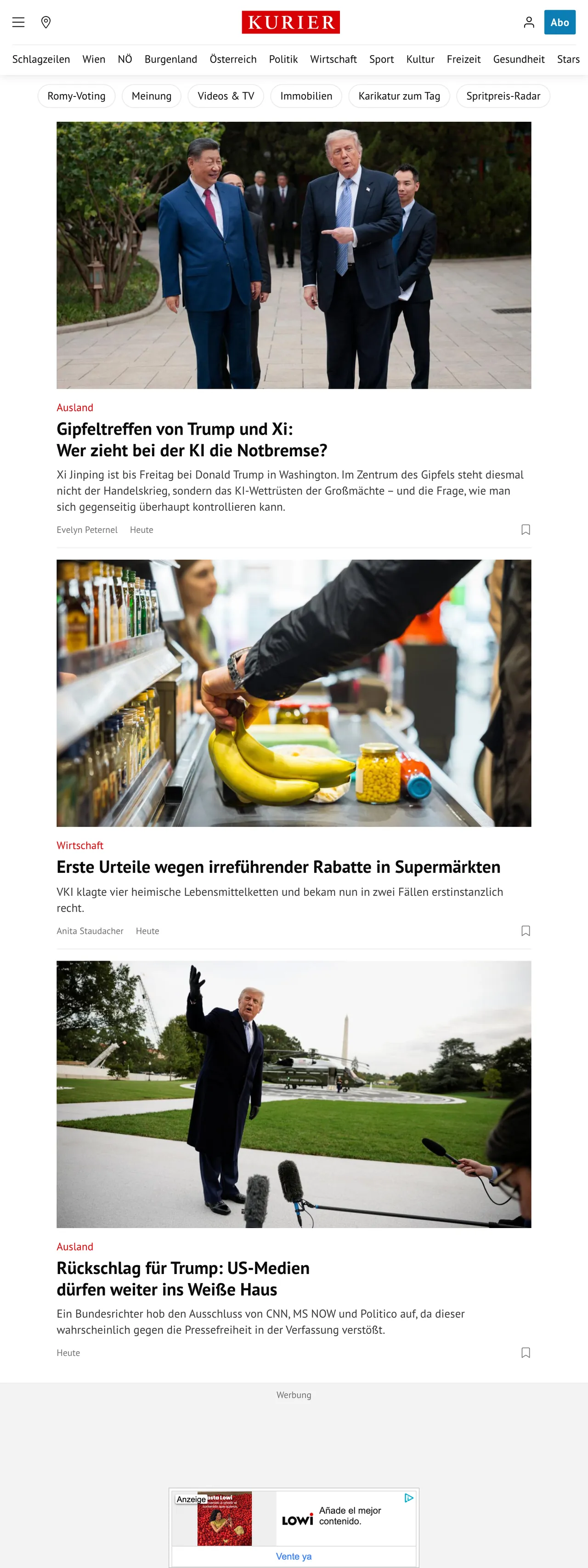 Screenshot of the Kurier front page
