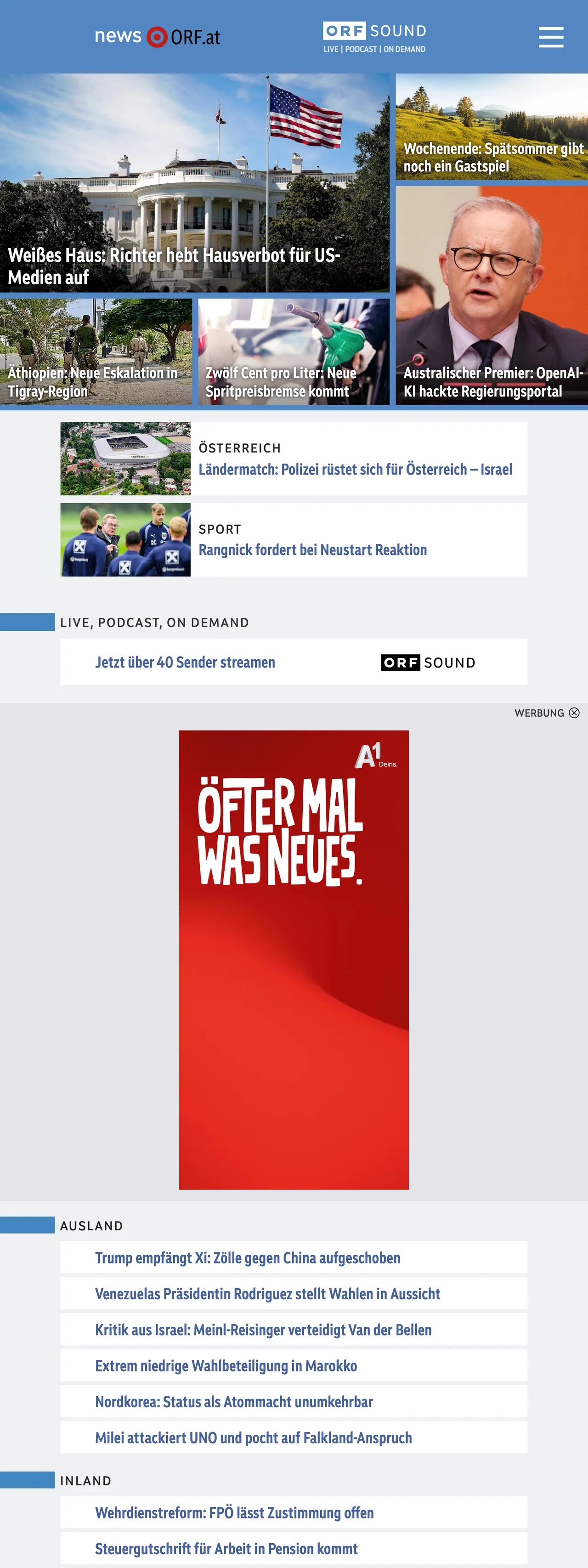 Screenshot of the ORF front page