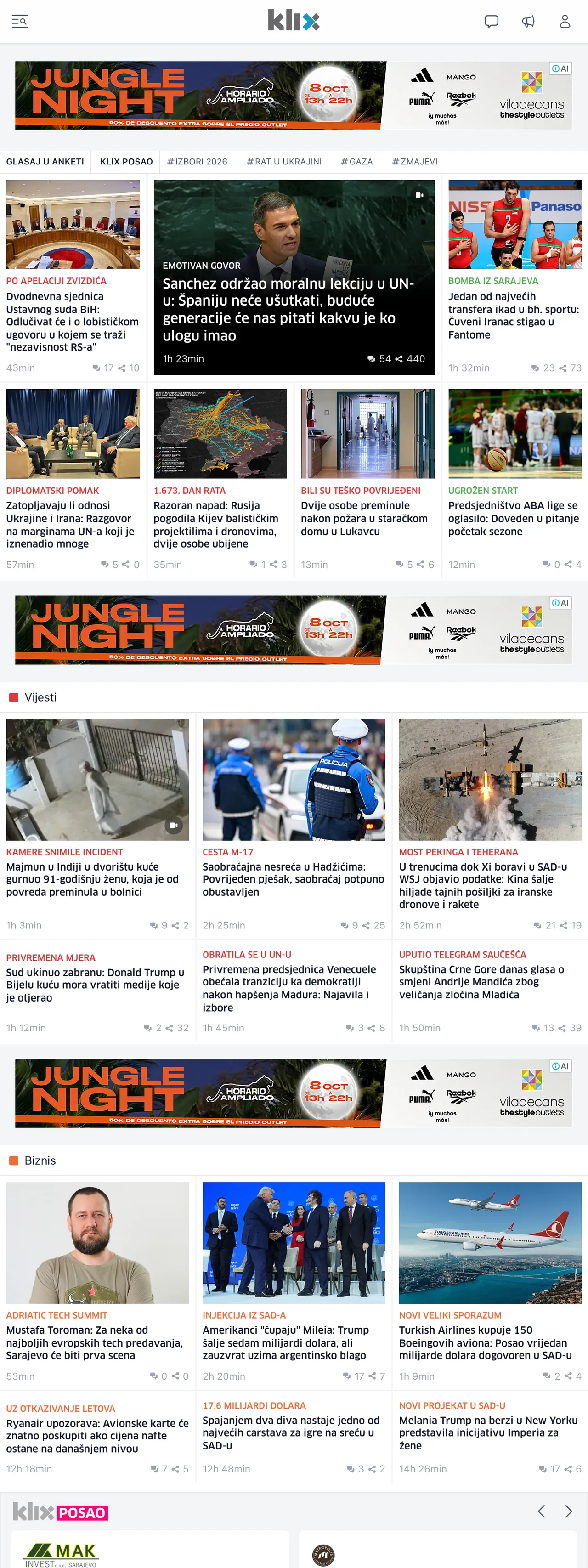 Screenshot of the Klix.ba front page