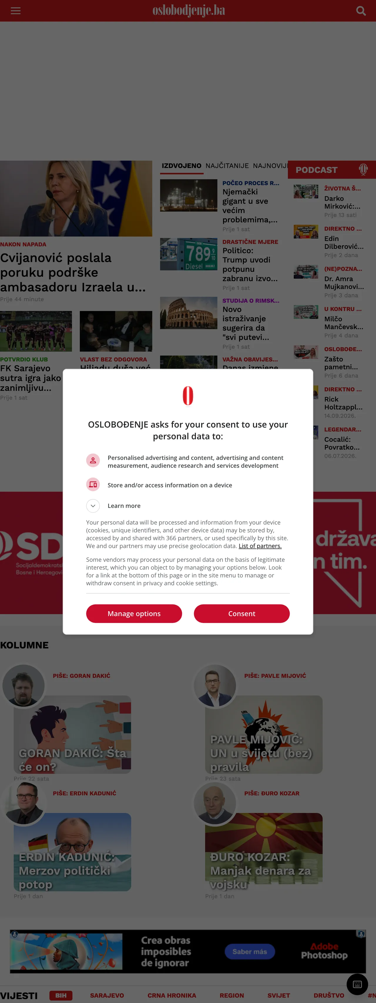 Screenshot of the Oslobođenje front page