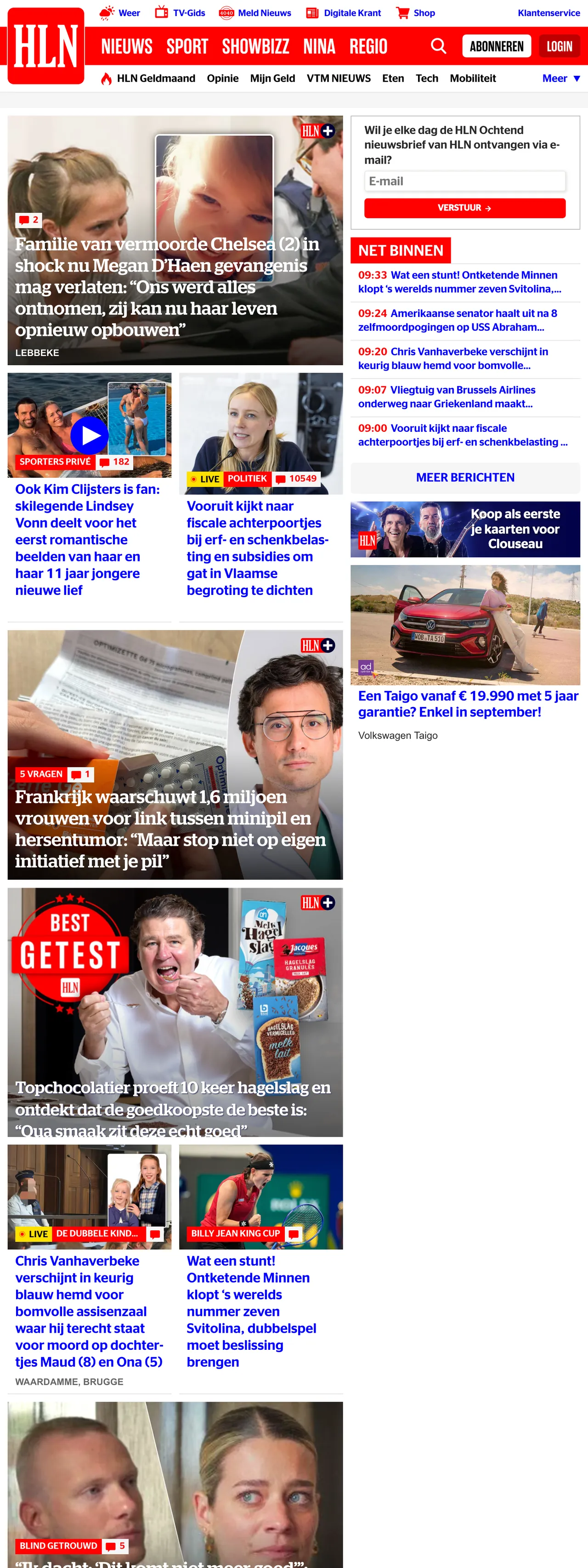 Screenshot of the HLN front page