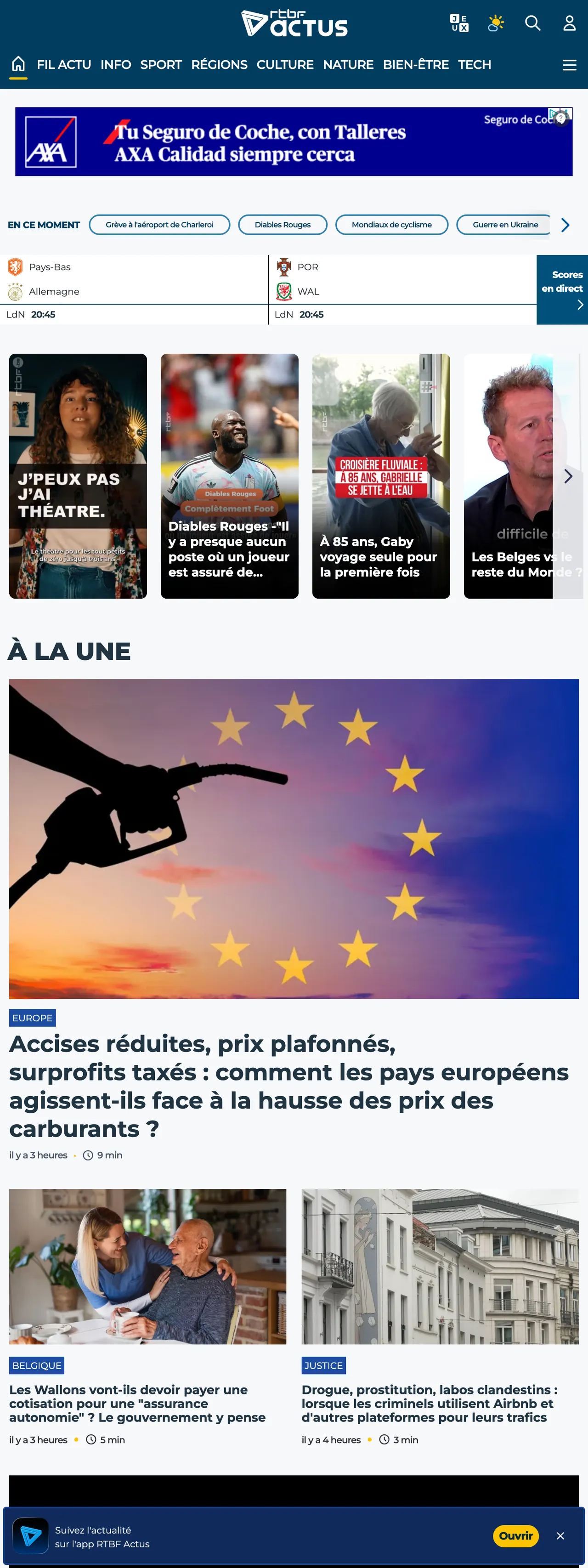 Screenshot of the RTBF front page