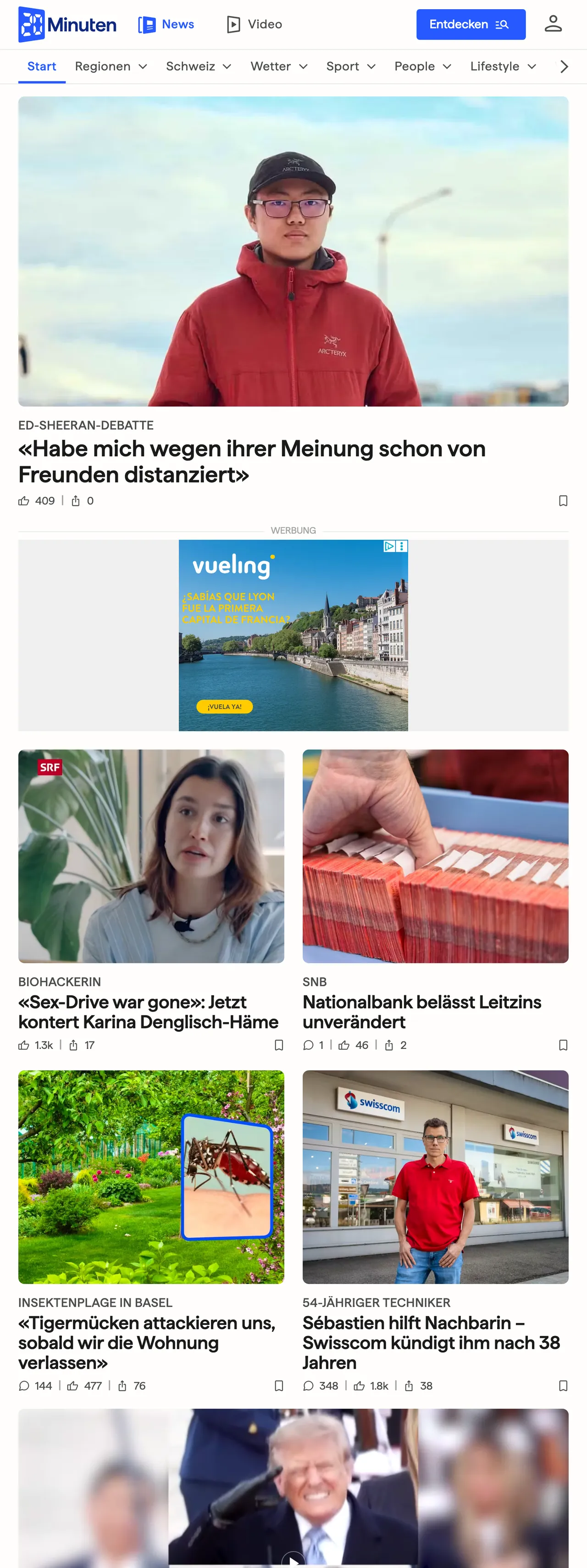 Screenshot of the 20 Minuten front page