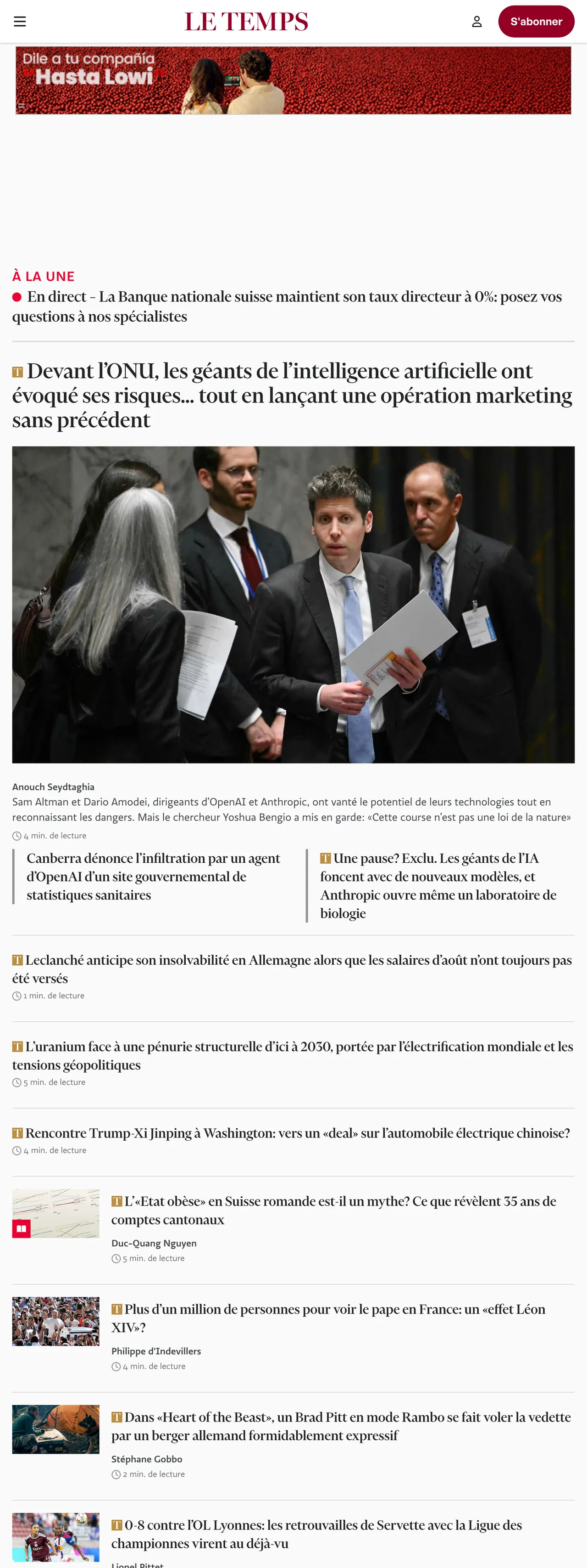 Screenshot of the Le Temps front page