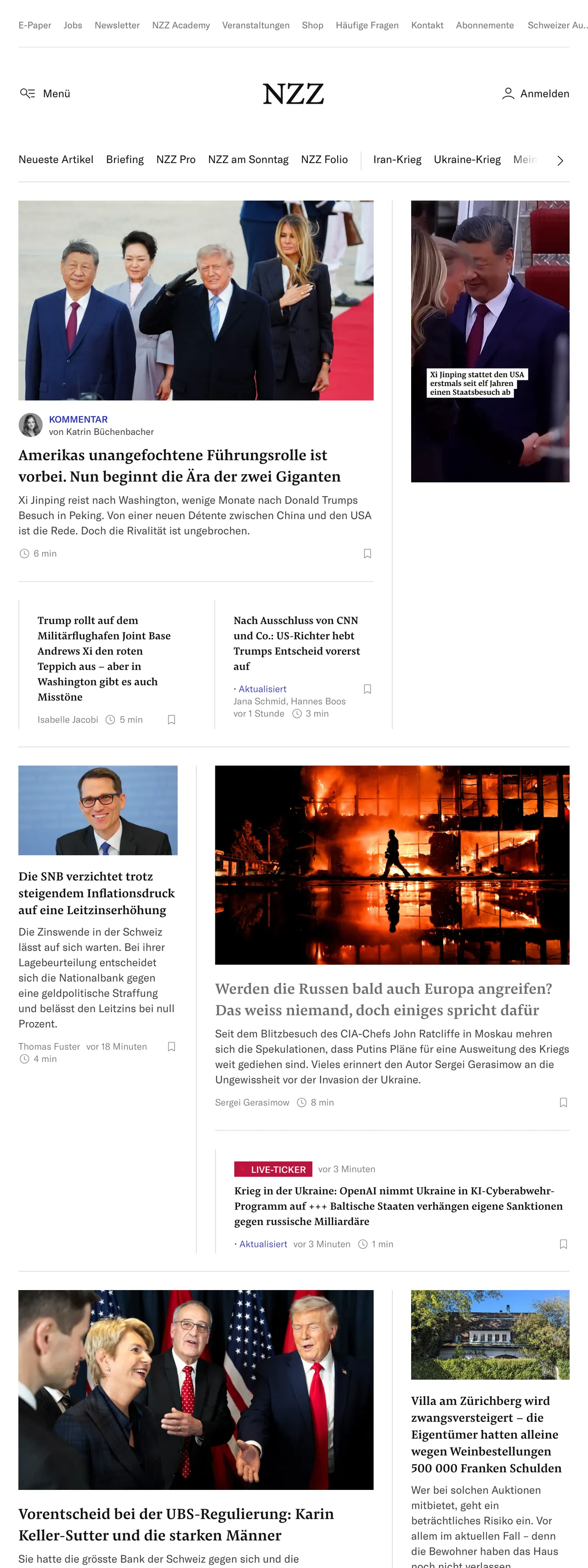 Screenshot of the Neue Zürcher Zeitung front page