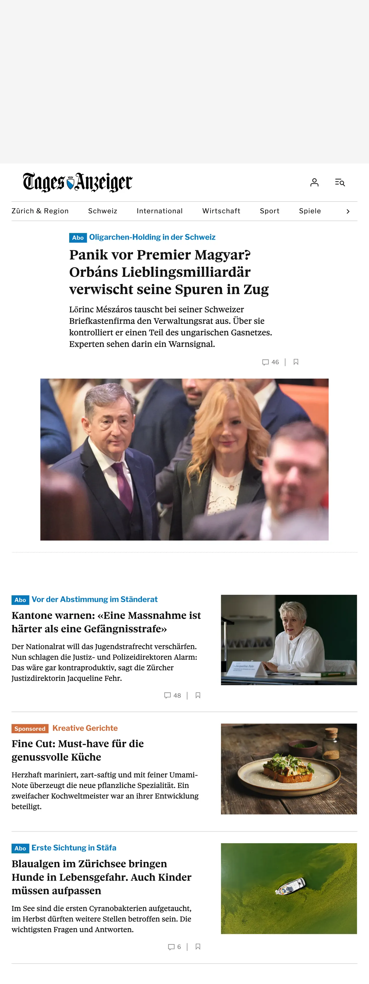 Screenshot of the Tages-Anzeiger front page