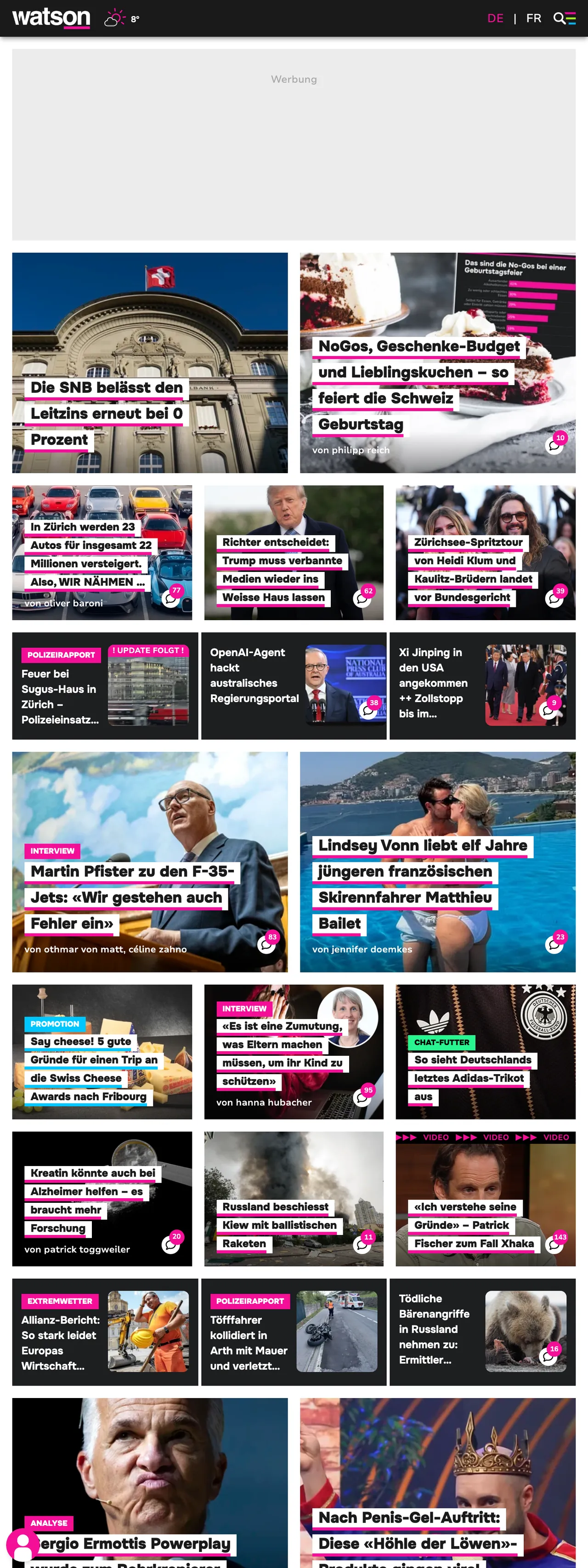 Screenshot of the watson front page